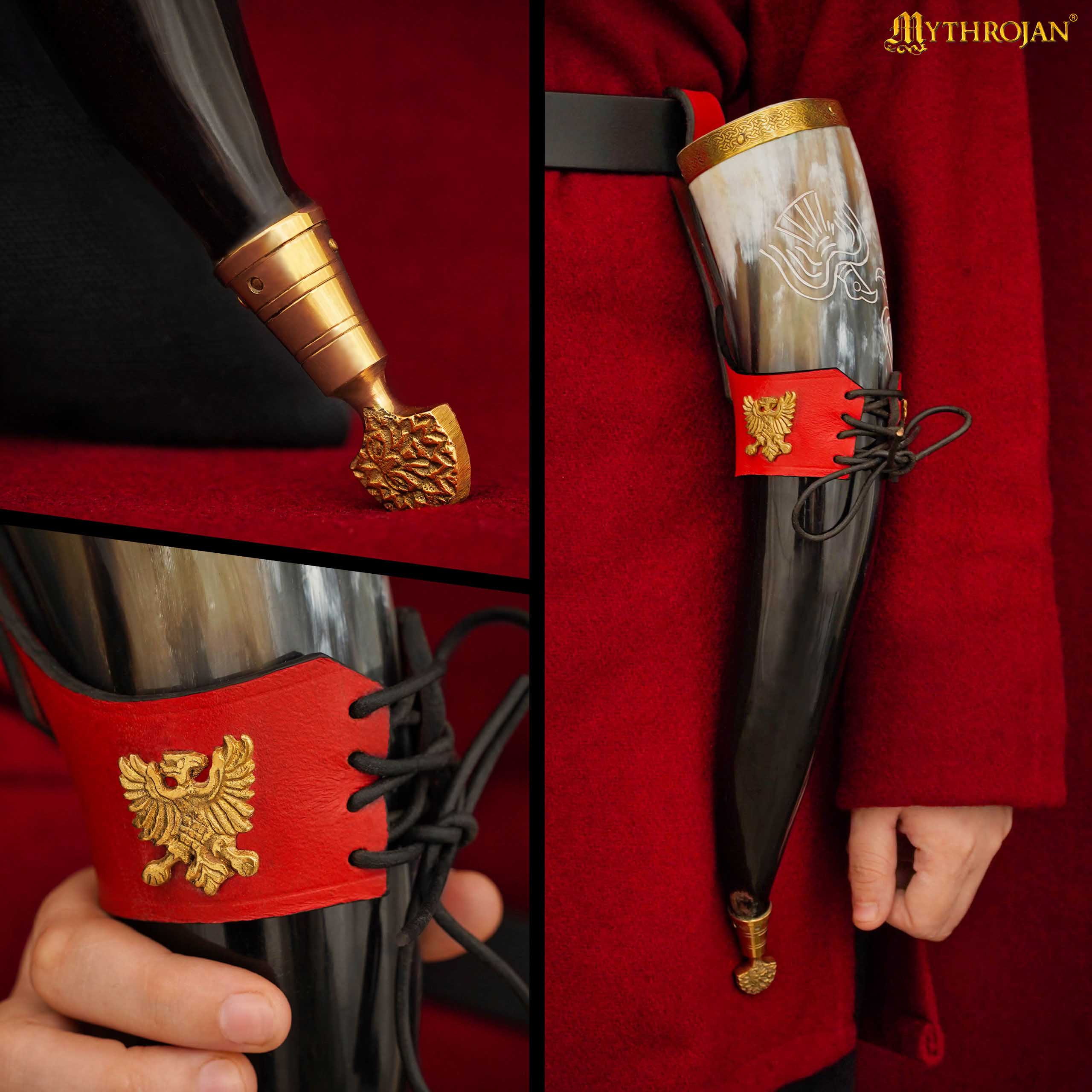 Imagen única de: Mythrojan El Ave de Presa – Cuerno Vikingo Pulido 350 ml con Soporte de Cuero Rojo