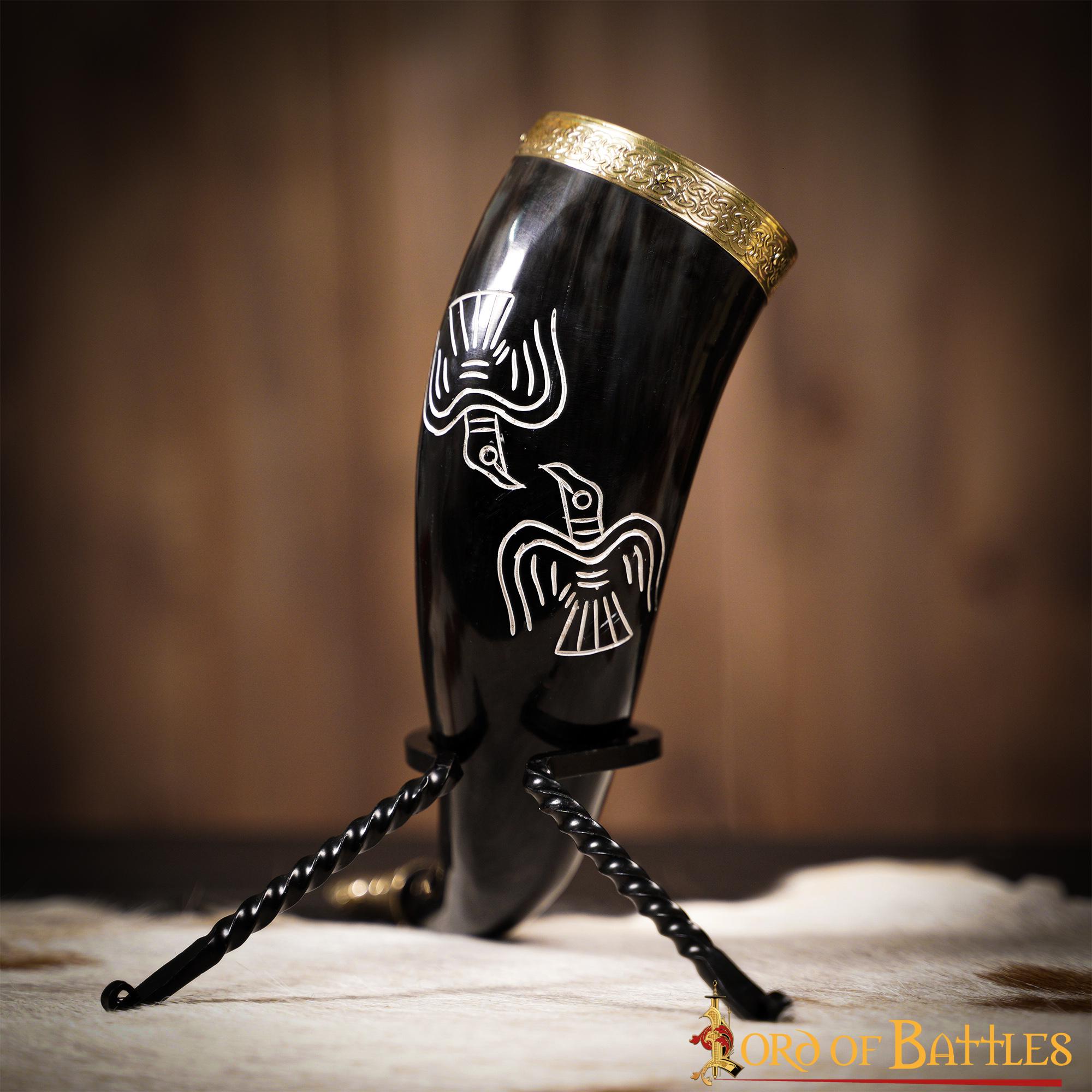 Cuerno de beber medieval Odin's Ravens 300–400 ml con herrajes de latón puro - imagen 7
