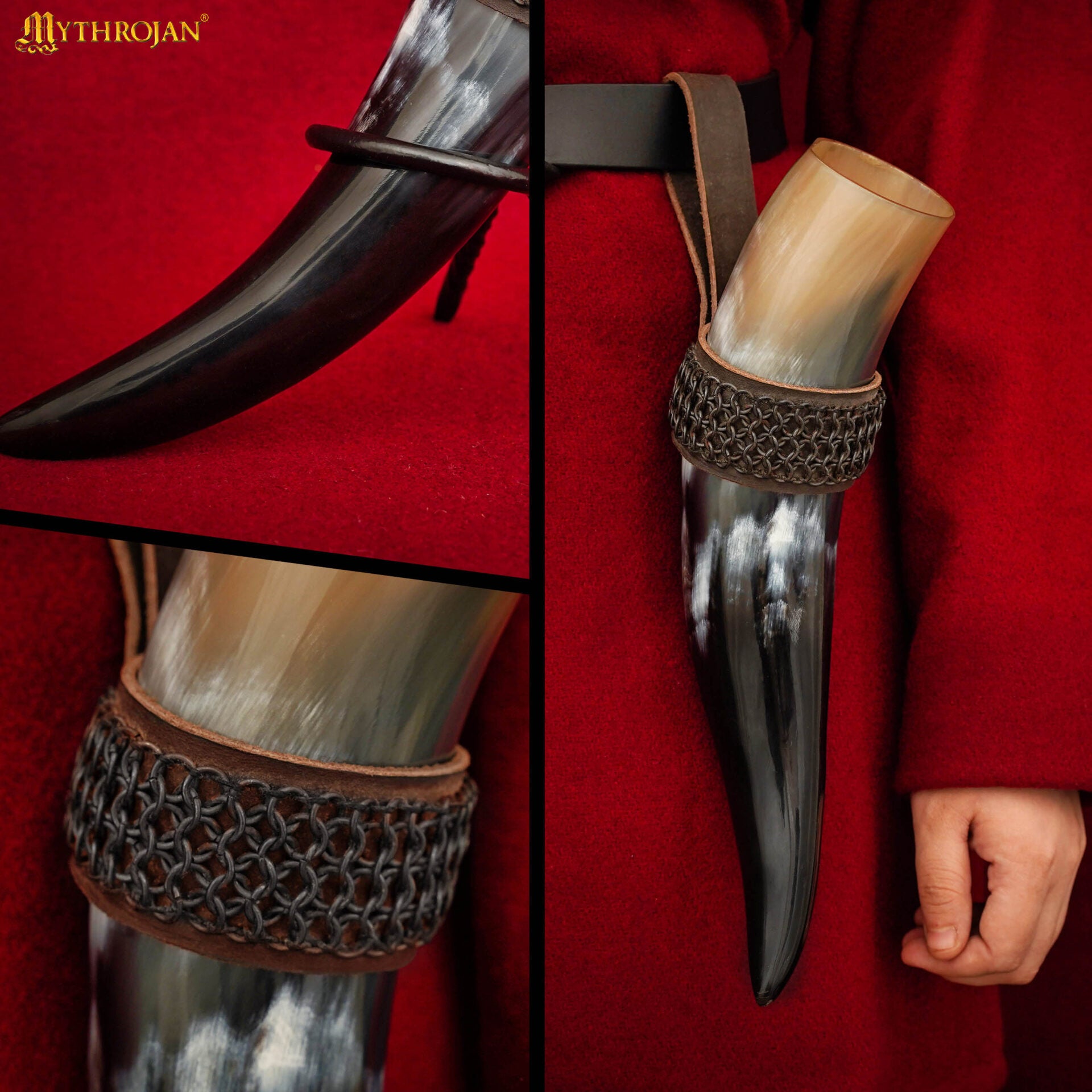 Imagen única de: Mythrojan The Witcher Companion Vikingo Cuerno para Beber con Soporte de Cuero Marrón Auténtica Taza de Vino/madera Vikinga de Inspiración Medieval - Acabado Pulido 400 Ml