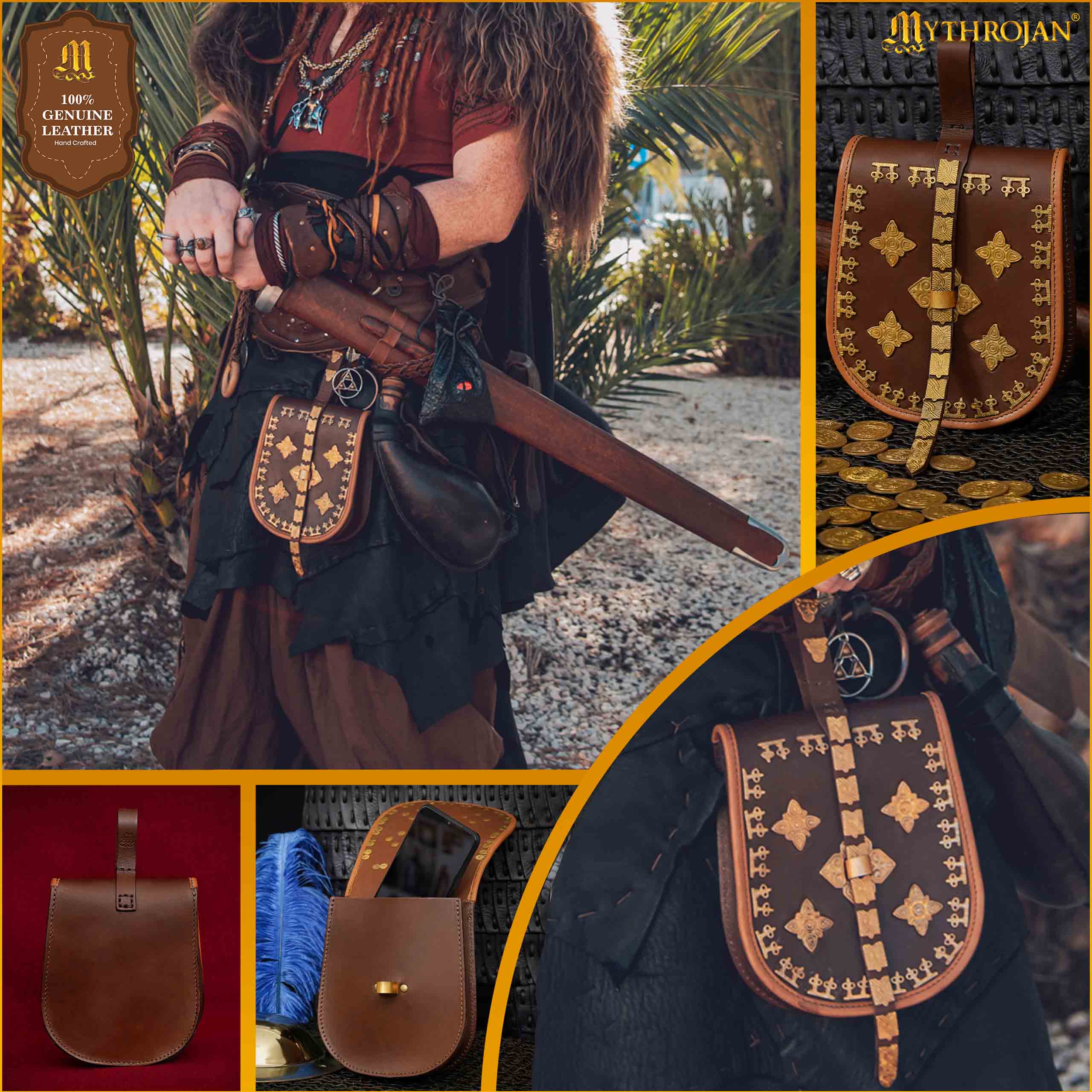 Imagen única de: Mythrojan Birka Bolsa de Cuero Vikingo Tarsoly - Bolsa para Cinturón Auténtica Hecha a Mano Basada en Originales Históricos - Accesorio Nórdico de Cuero Auténtico