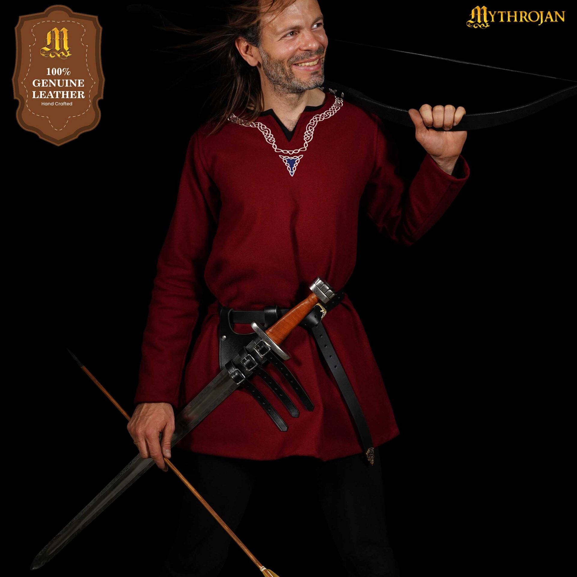 Bandolera renacentista de cuero para espada con triple hebilla — Negro/Marrón - imagen 18