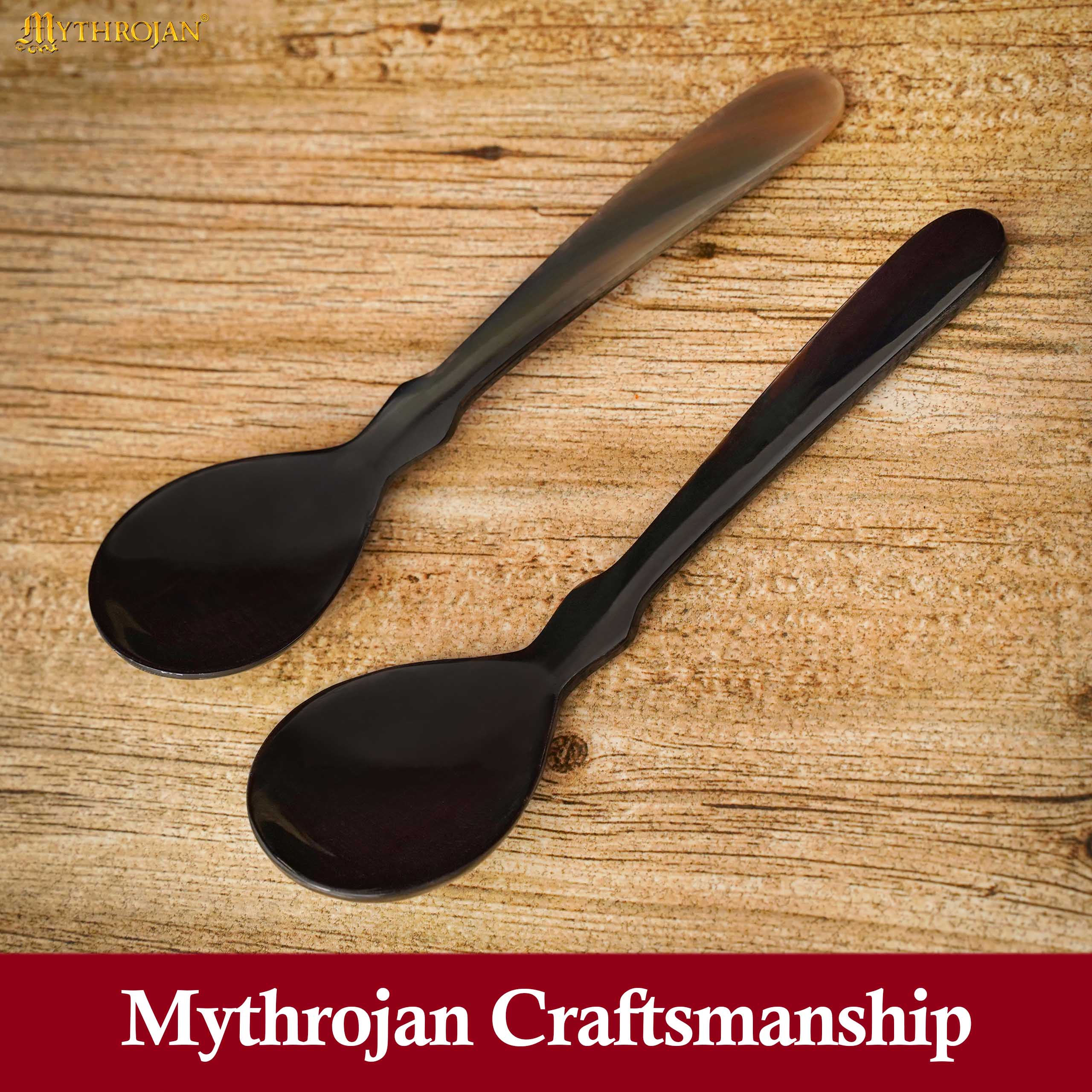 Imagen única de: Juego de 2 Cucharas de Cuerno de Búfalo - Utensilios de Cuerno Natural Acabados a Mano (6.75") | Juego de Cucharas Medievales Vikingas Pulidas para Larp, Sca, y Temas Medievales