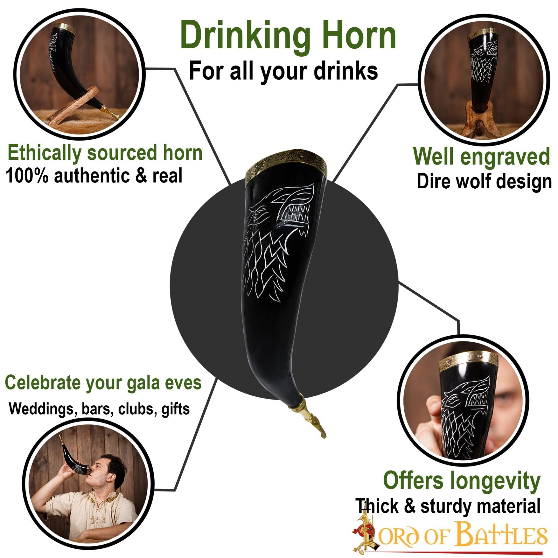 Cuerno de beber Fenrir Wolf, cuerno de buey con latón - imagen 4