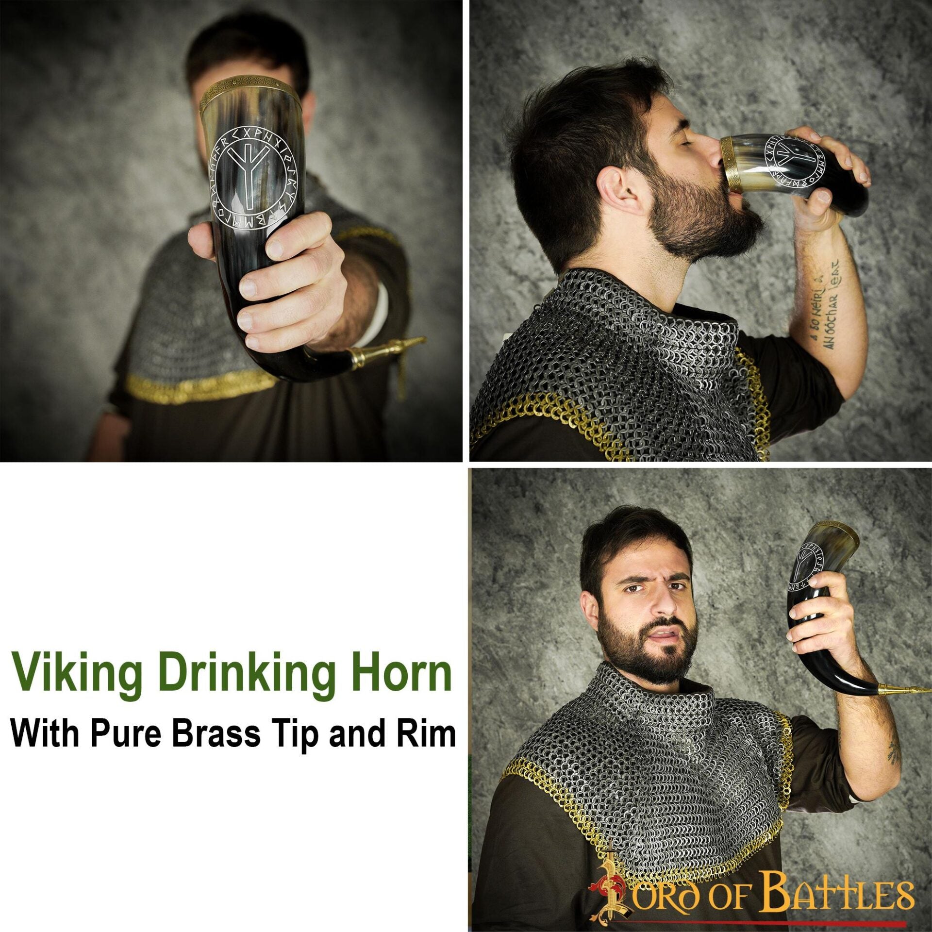 Imagen única de: Cuerno Vikingo con Runa Algiz - Borde y Punta de Latón