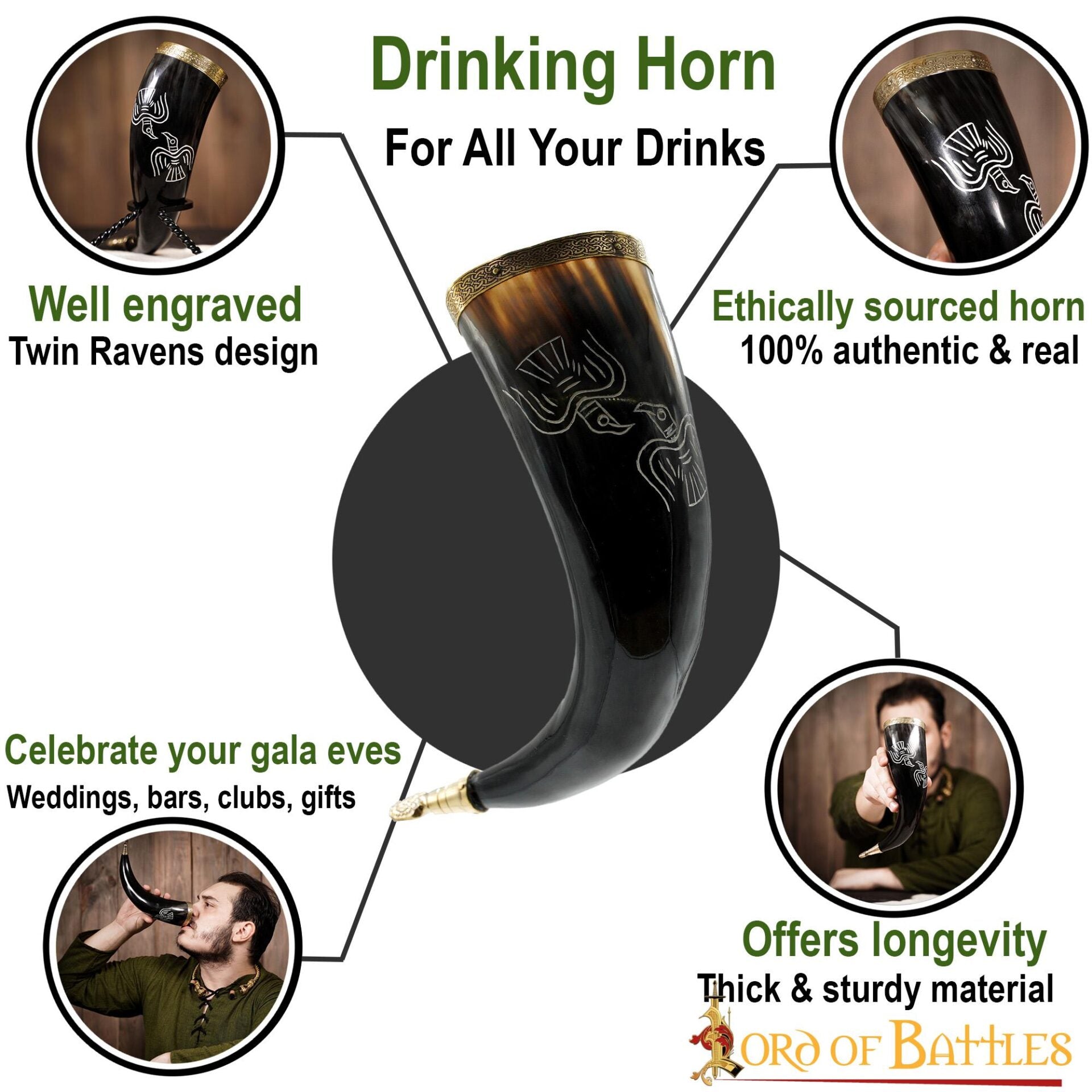 Cuerno de beber medieval Odin's Ravens 300–400 ml con herrajes de latón puro - imagen 4