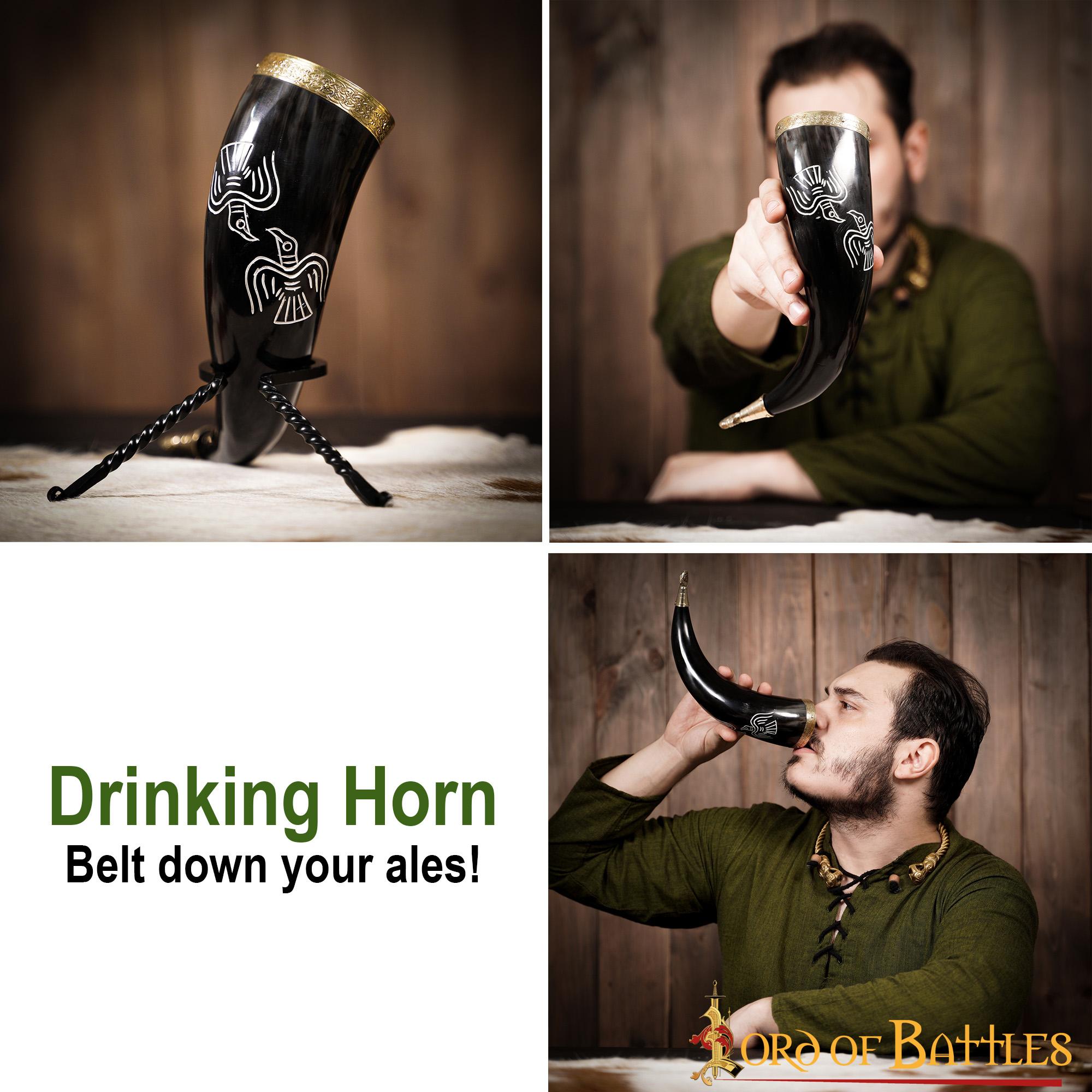 Cuerno de beber medieval Odin's Ravens 300–400 ml con herrajes de latón puro - imagen 5