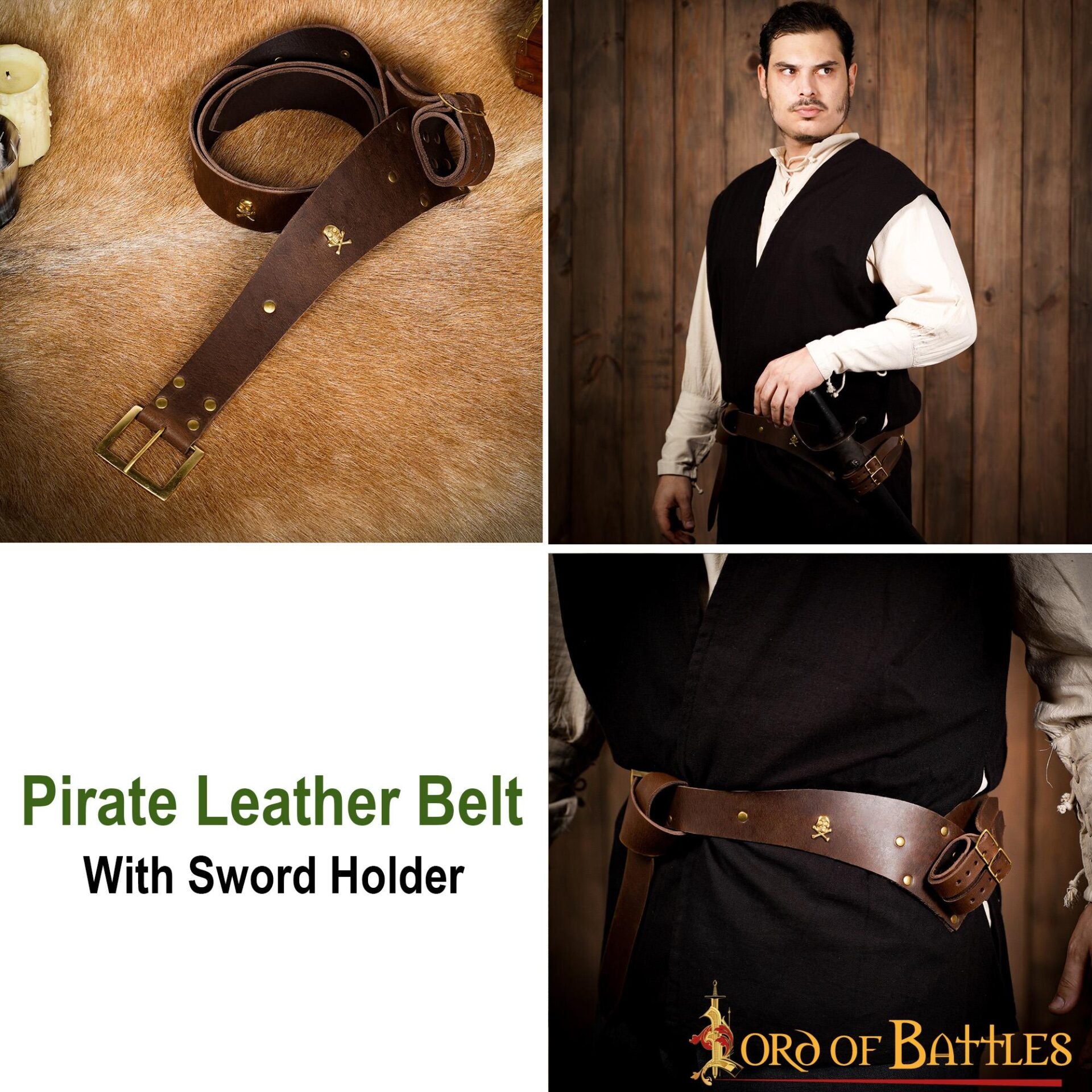 Imagen única de: Cinturón pirata de cuero genuino con portaespada y hebillas de latón