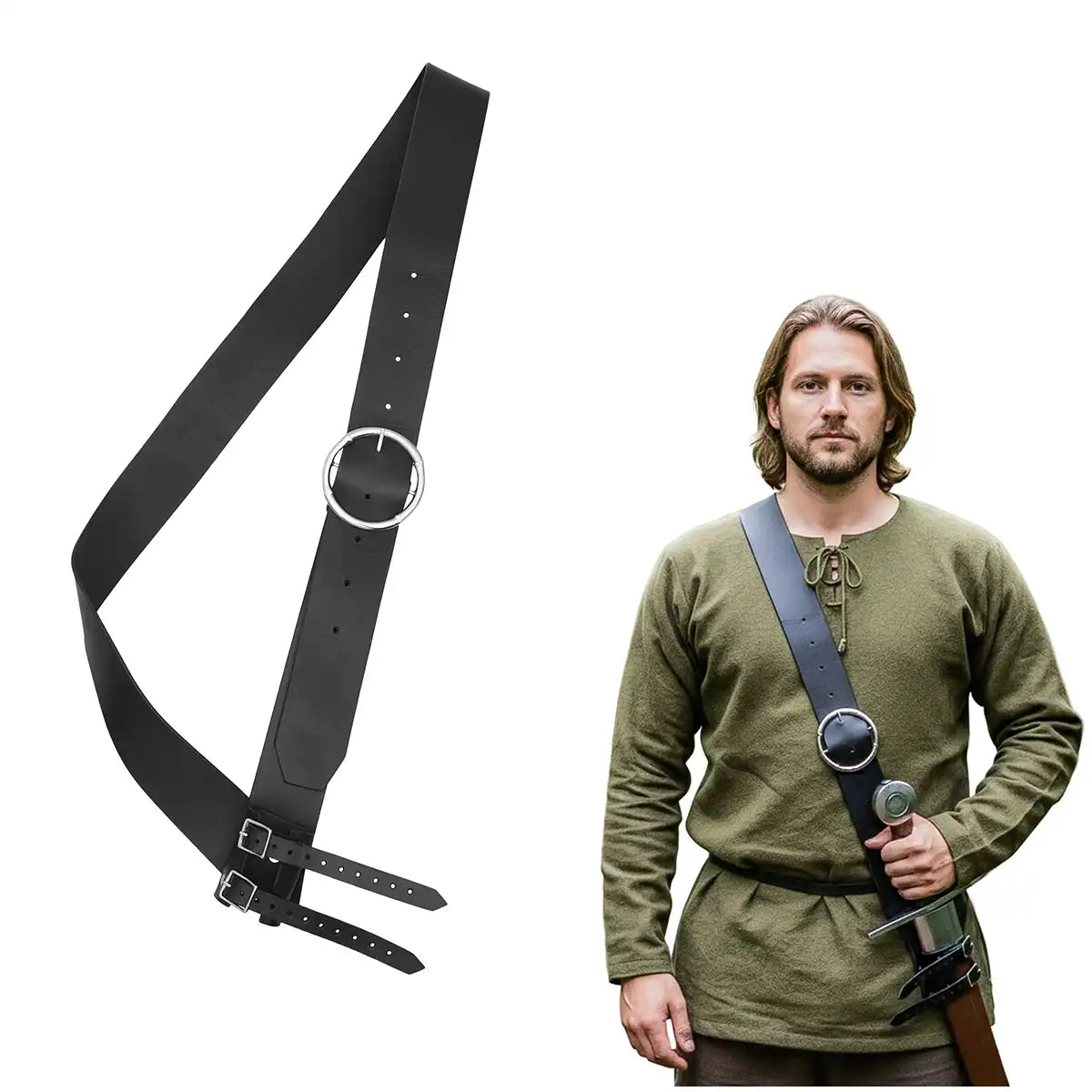 Cinturón medieval negro para espada con portaespada ajustable