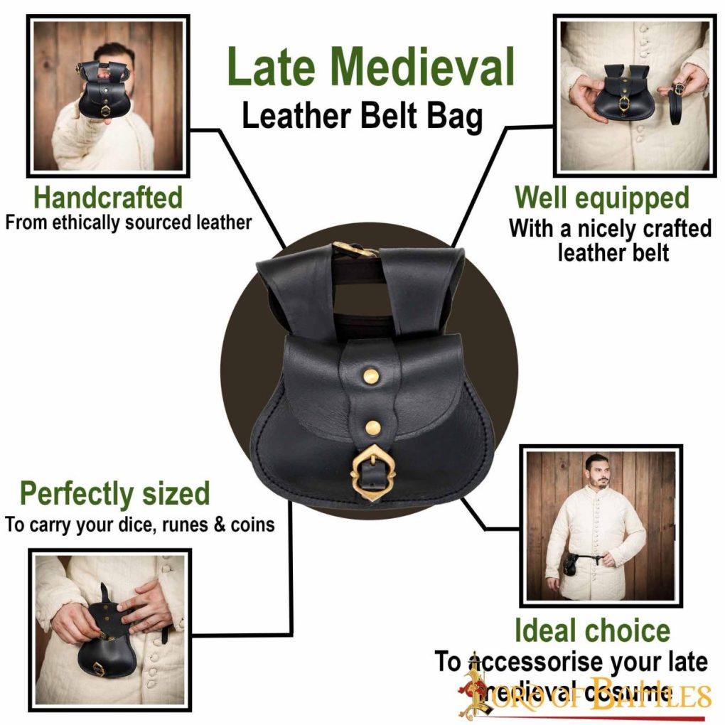 Bolsa de cinturón medieval en cuero con hebilla de latón y cinturón a juego - imagen 10
