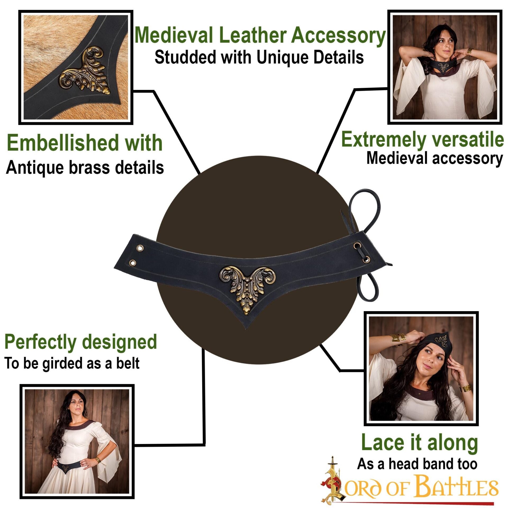 Accesorio medieval de cuero con adorno de latón antiguo - imagen 4
