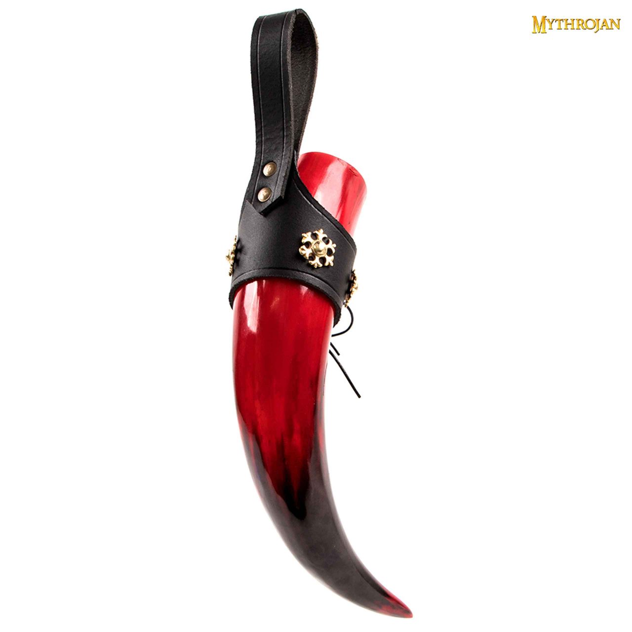 Imagen única de: Taza Medieval – Cuerno Vikingo 400 ml Pulido con Soporte de Cuero Negro Rojo
