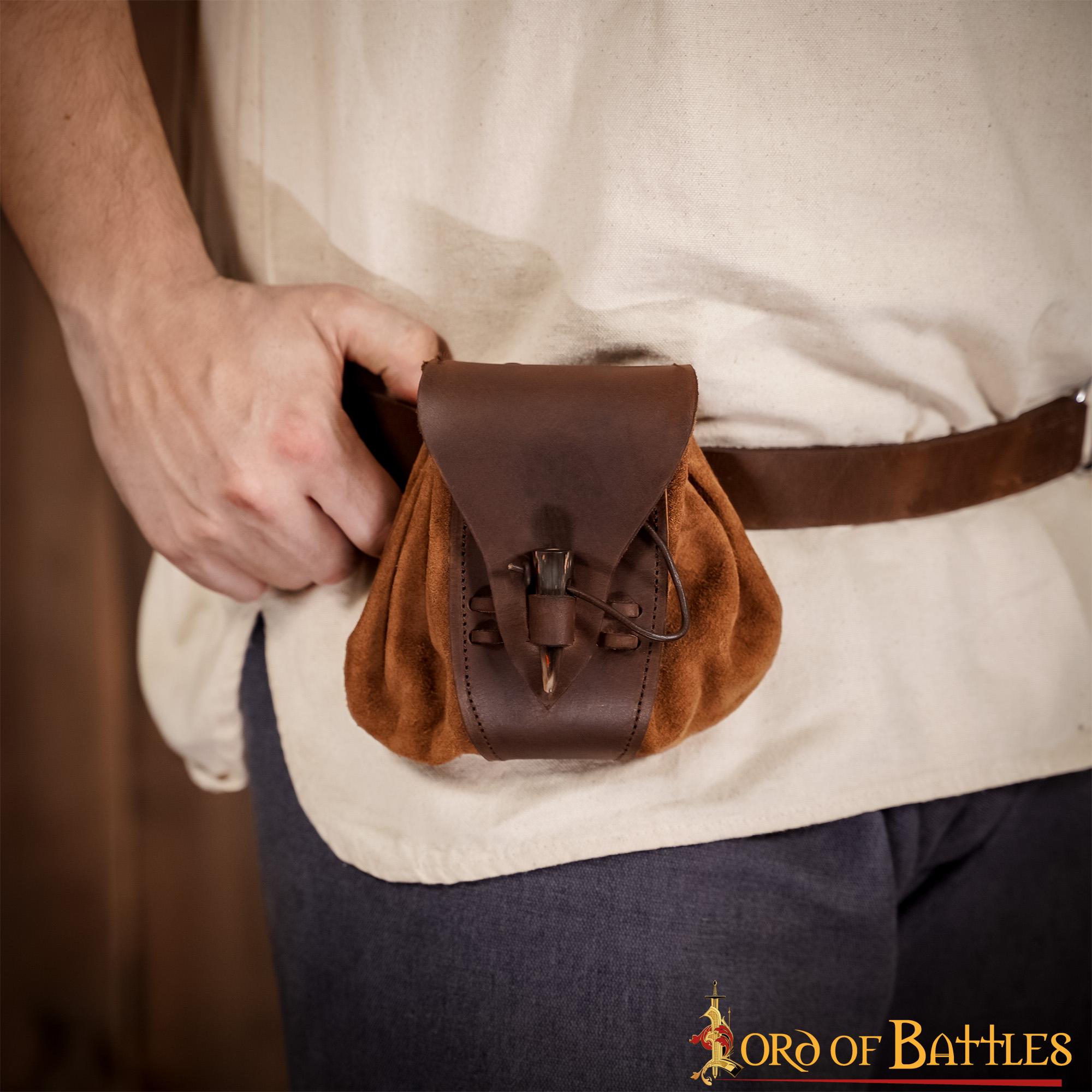 Bolsa de cinturón medieval de ante y cuero con broche de cuerno - imagen 12