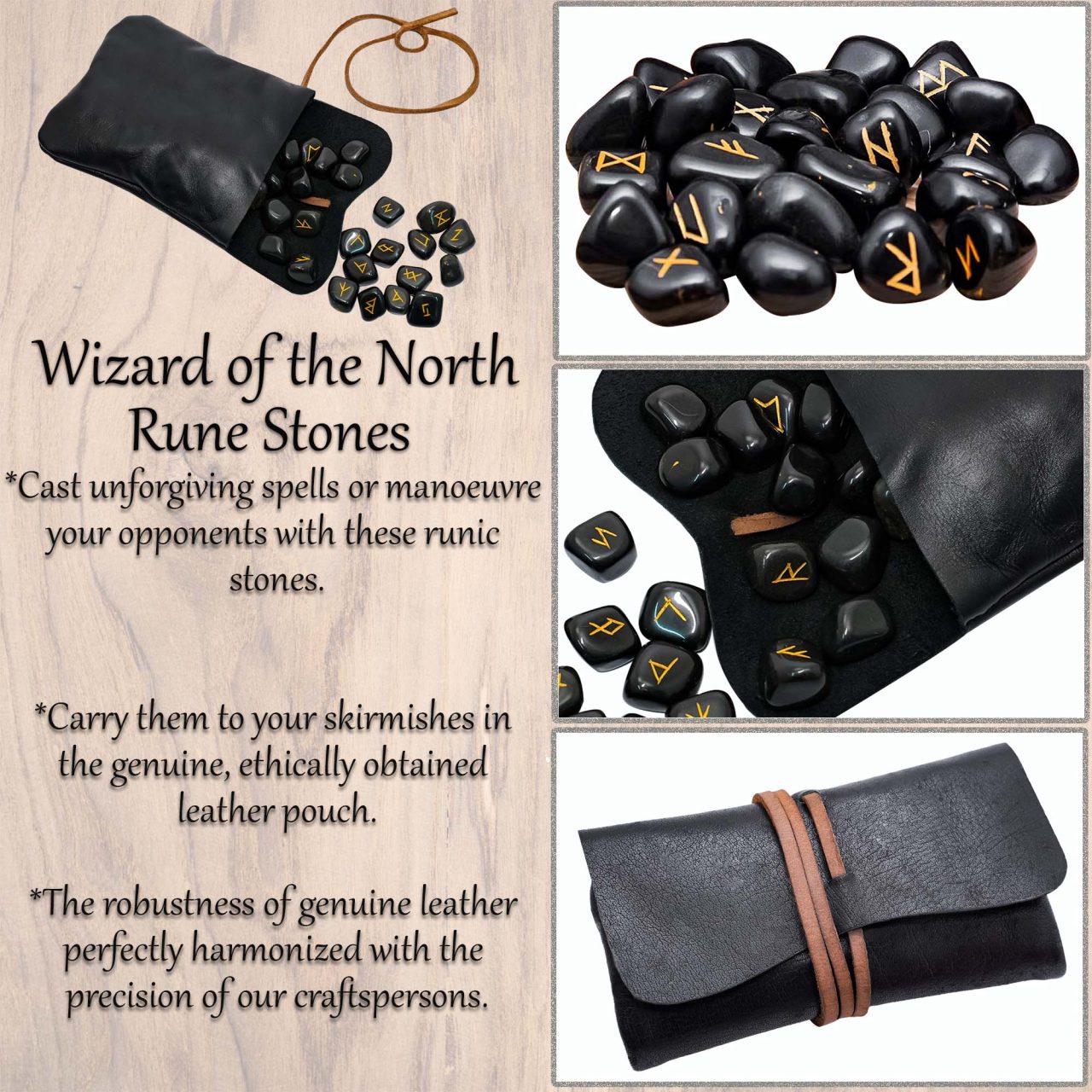 Imagen única de: Juego de Piedras Rúnicas Vikingas con Estuche de Cuero Negro - Adivinación y Estrategia Nórdica