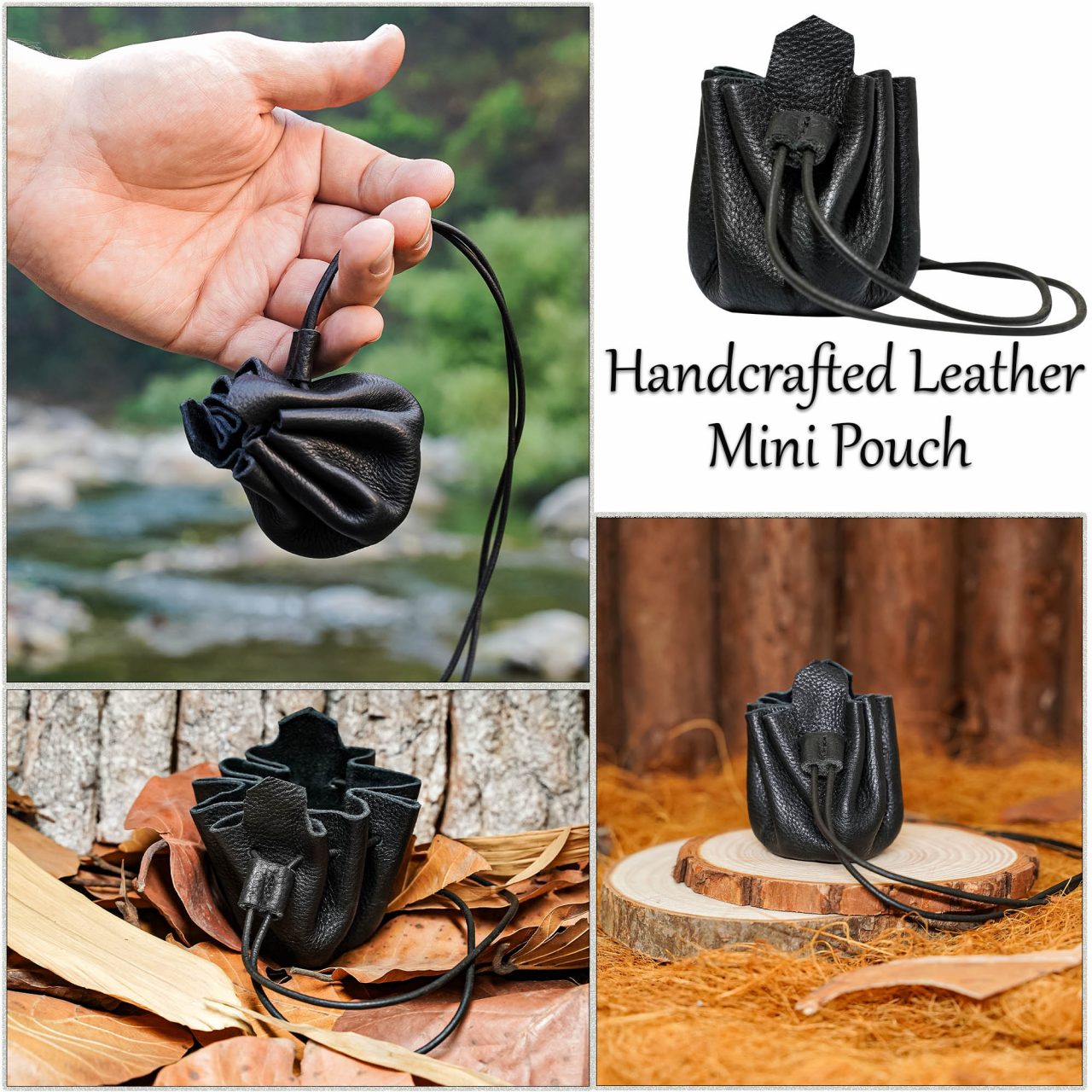 Imagen única de: Monedero Pequeño de Cuero - Bolsita Artesanal Negra con Cordón para Monedas, Dados, Joyas