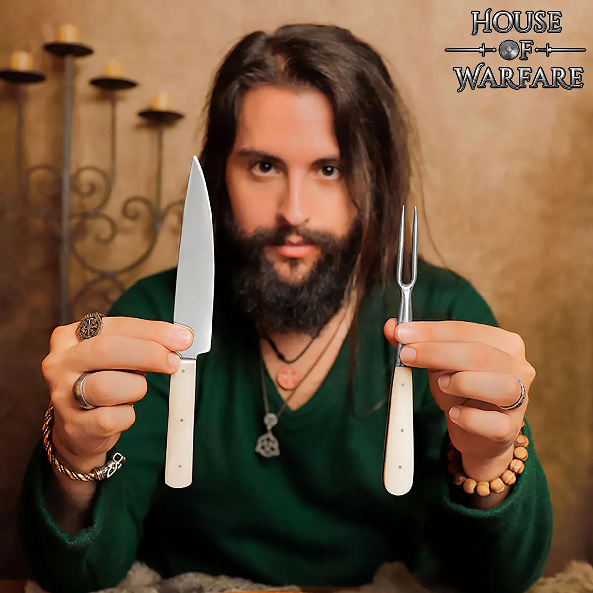 Cuchillo y tenedor medieval con mango de hueso - imagen 5