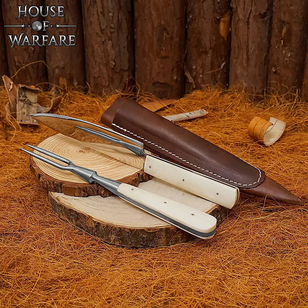 Cuchillo y tenedor medieval con mango de hueso - imagen 8