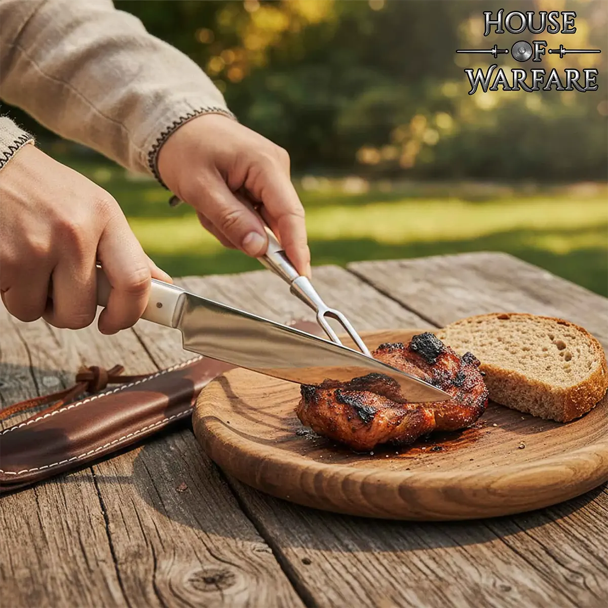Cuchillo y tenedor medieval con mango de hueso - imagen 4