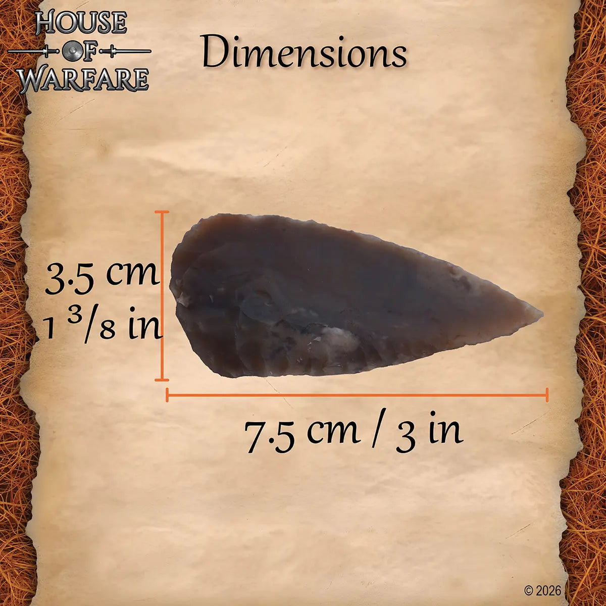 Punta de flecha foliar de pedernal, 7.6 cm - marrón oscuro - imagen 3