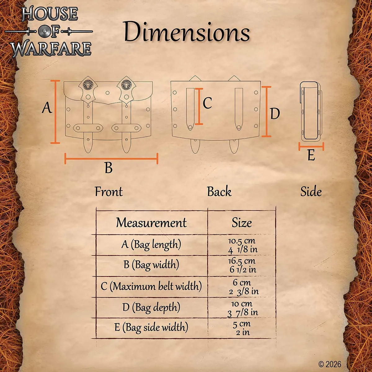 Tabla de dimensiones de la bolsa de cinturón Toledo