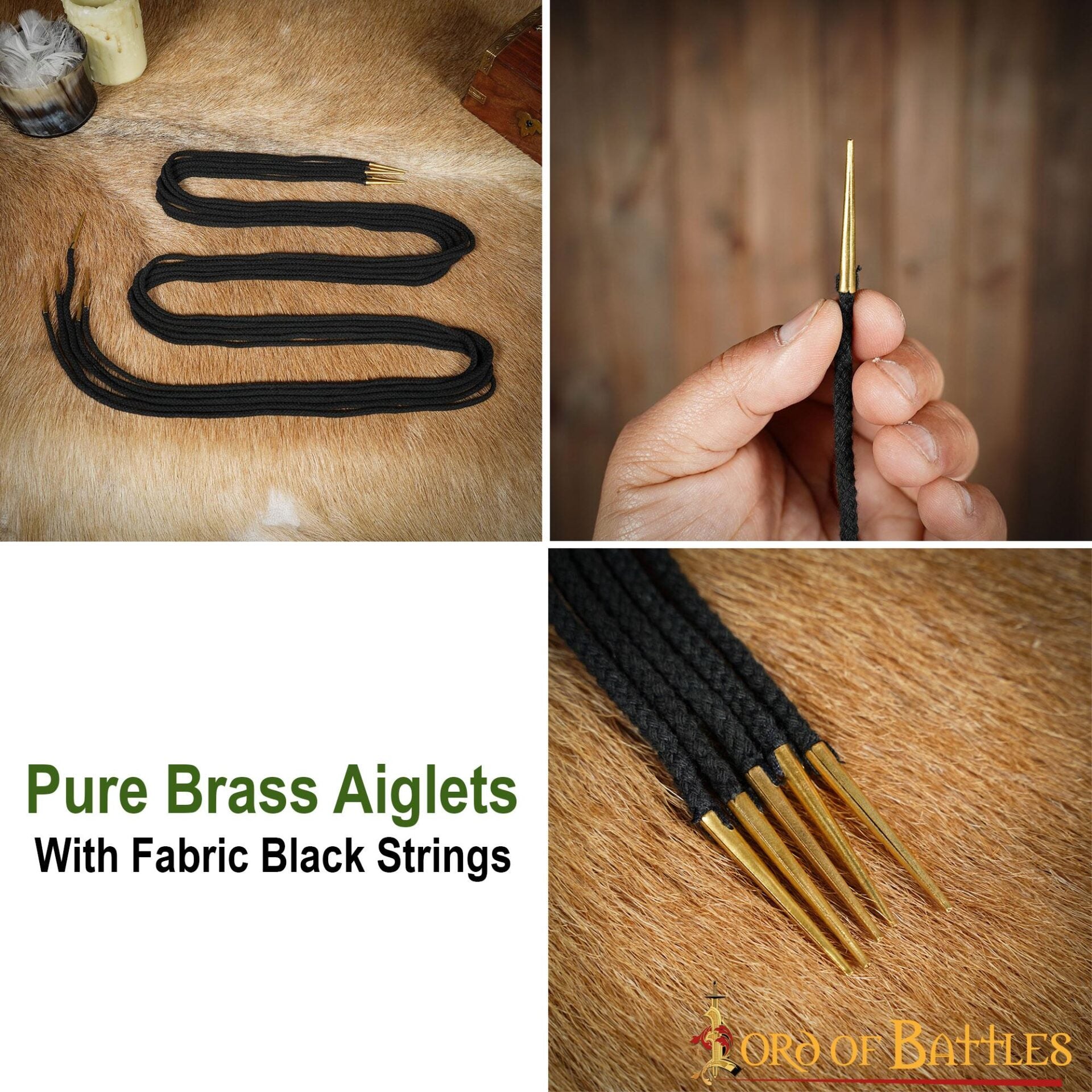 Imagen única de: Cordones de Algodón Negro con Remates de Latón Macizo - Juego de 5 Corbatas Medievales