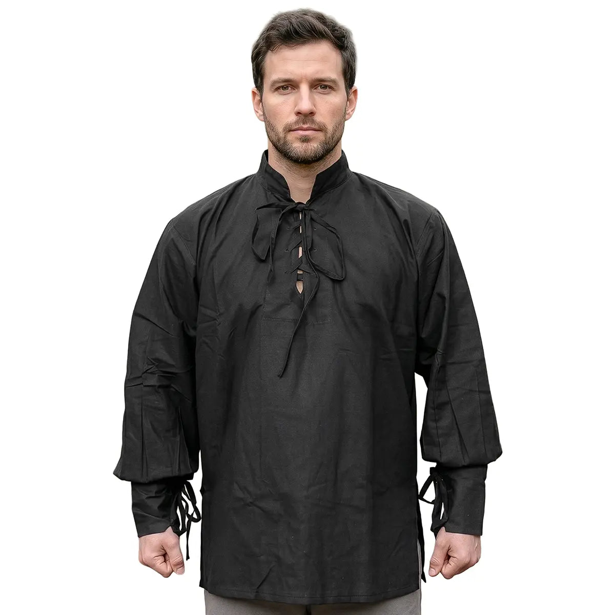 Camisa pirata medieval de algodón para hombre con cordones