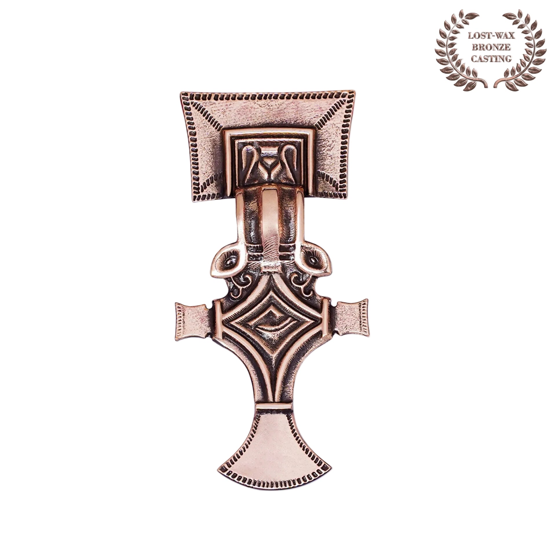 Broche lombardo de bronce macizo (s. VI) — réplica, fundición por cera perdida
