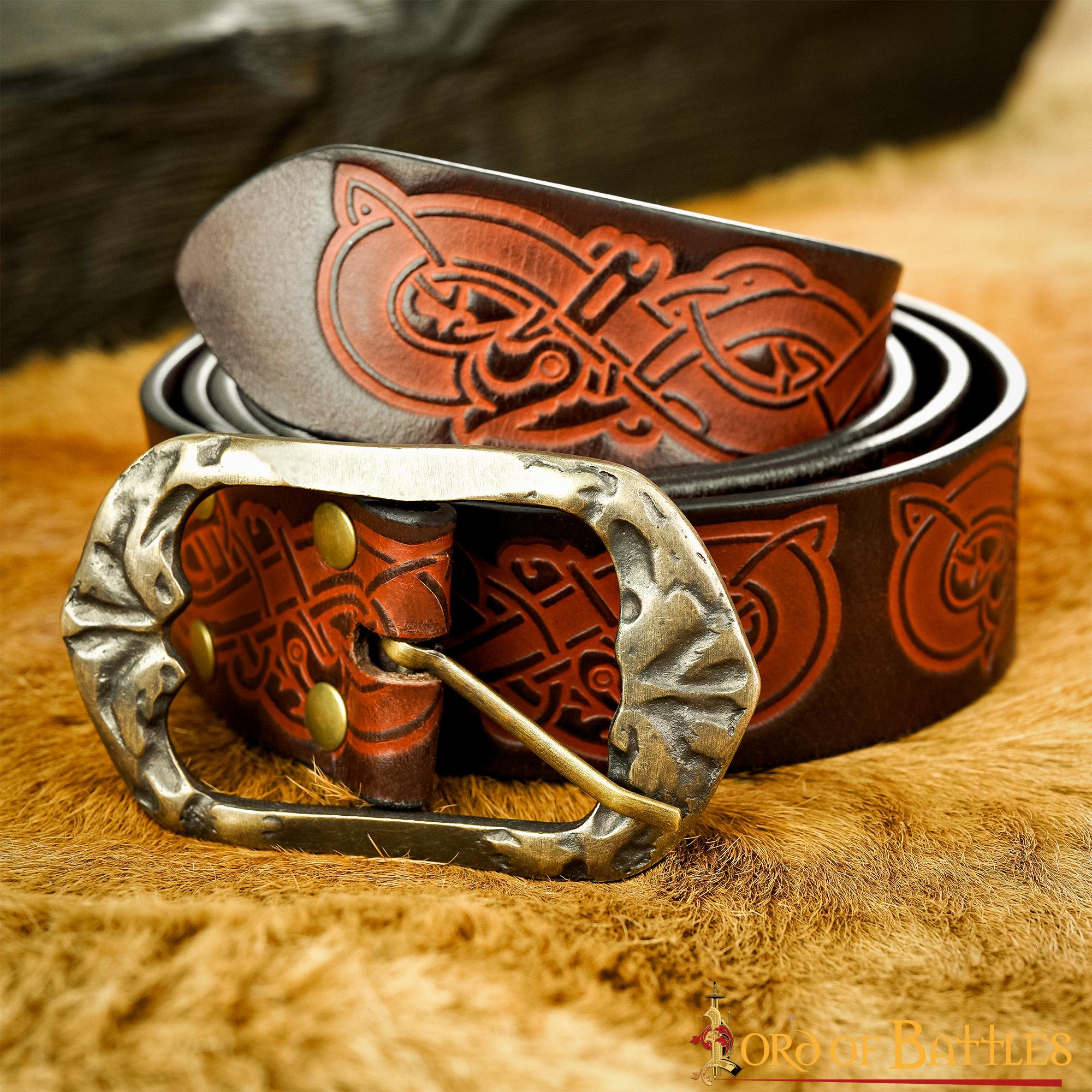Cinturón vikingo medieval de cuero hecho a mano con hebilla de latón - imagen 14