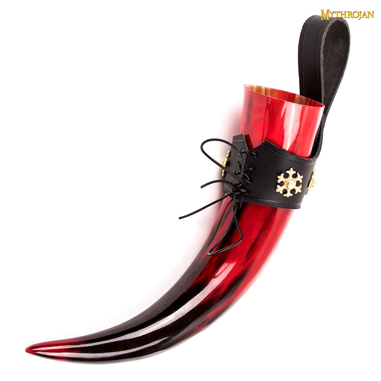 Imagen única de: Taza Medieval – Cuerno Vikingo 400 ml Pulido con Soporte de Cuero Negro Rojo