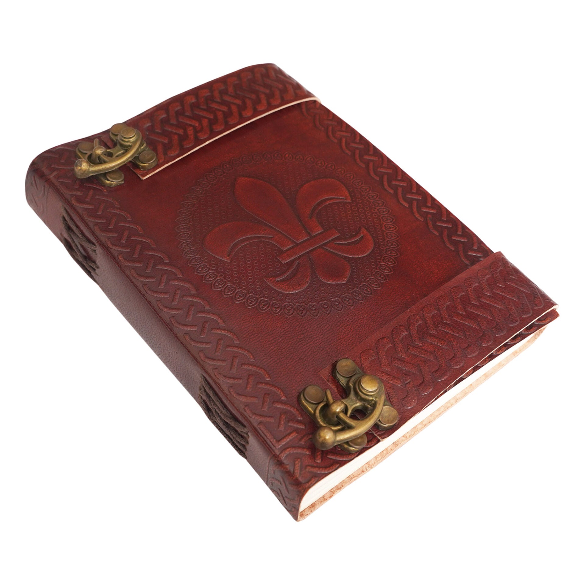 Imagen única de: Cuaderno de cuero hecho a mano con Fleur‑de‑Lys y broches de latón, 7 x 5 pulgadas - Con Defecto
