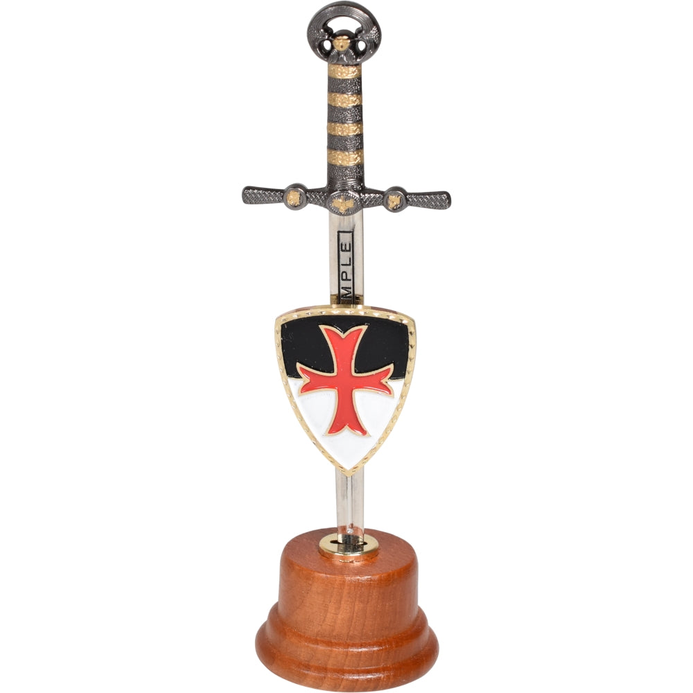 Espada Templaria en miniatura con soporte de madera y escudo extraíble