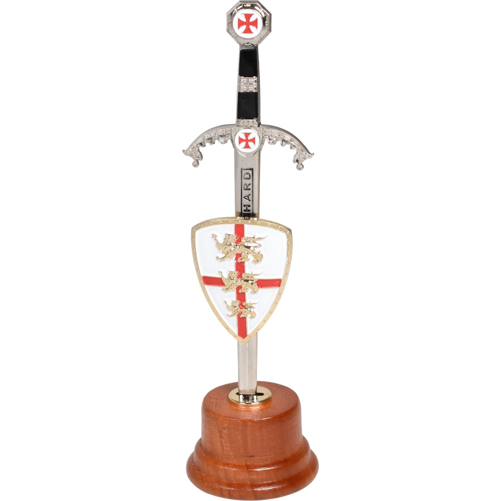 Espada en miniatura de Ricardo Corazón de León con soporte de madera y escudo extraíble