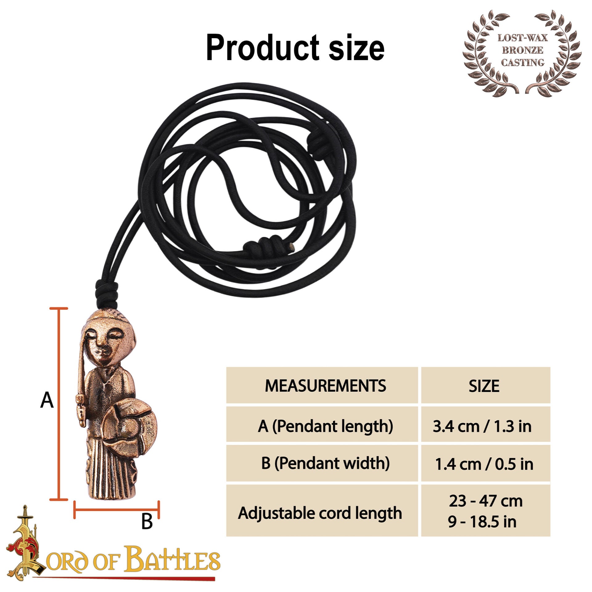 Colgante Valquiria vikingo en bronce — fundición a cera perdida, cordón de cuero ajustable - imagen 3