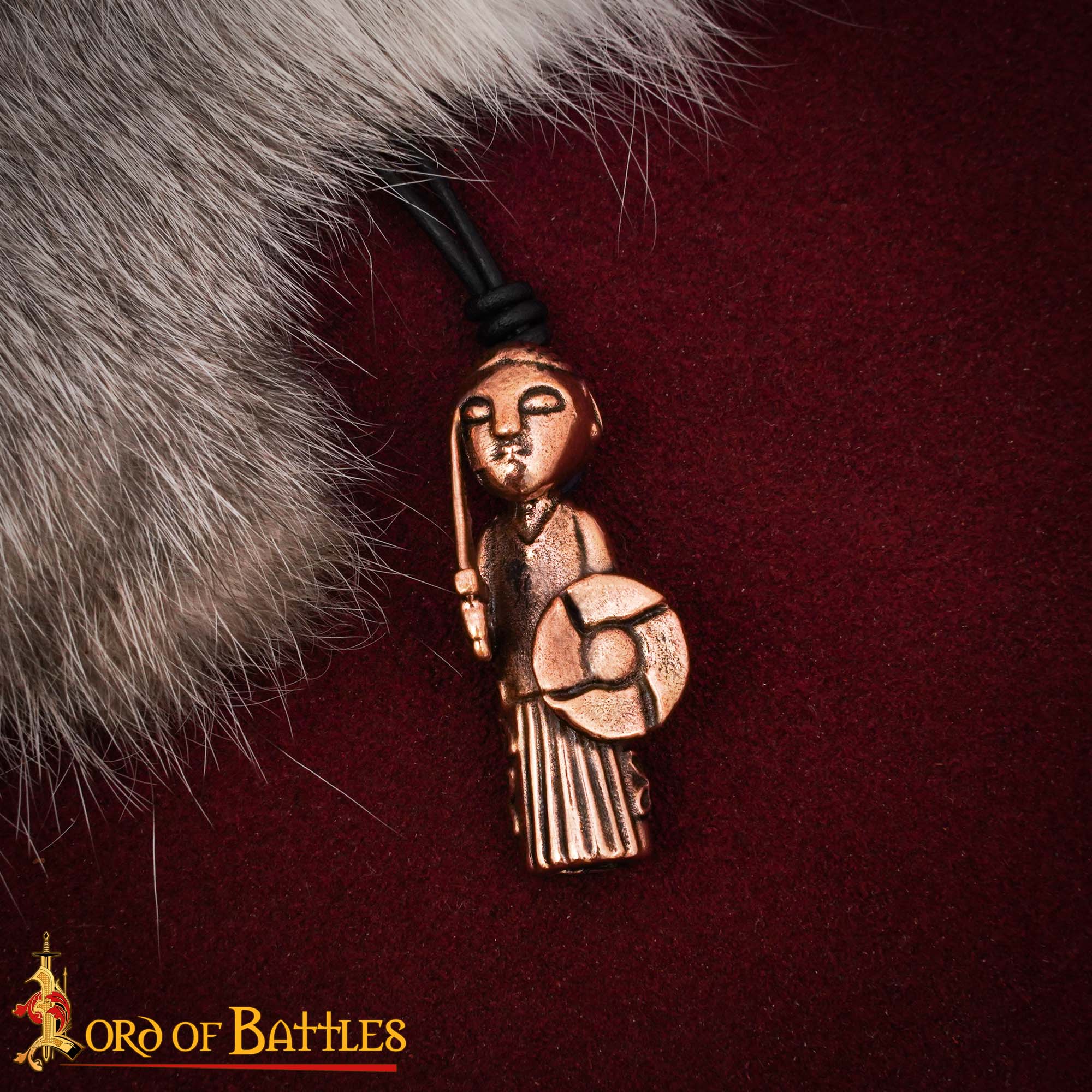 Colgante Valquiria vikingo en bronce — fundición a cera perdida, cordón de cuero ajustable