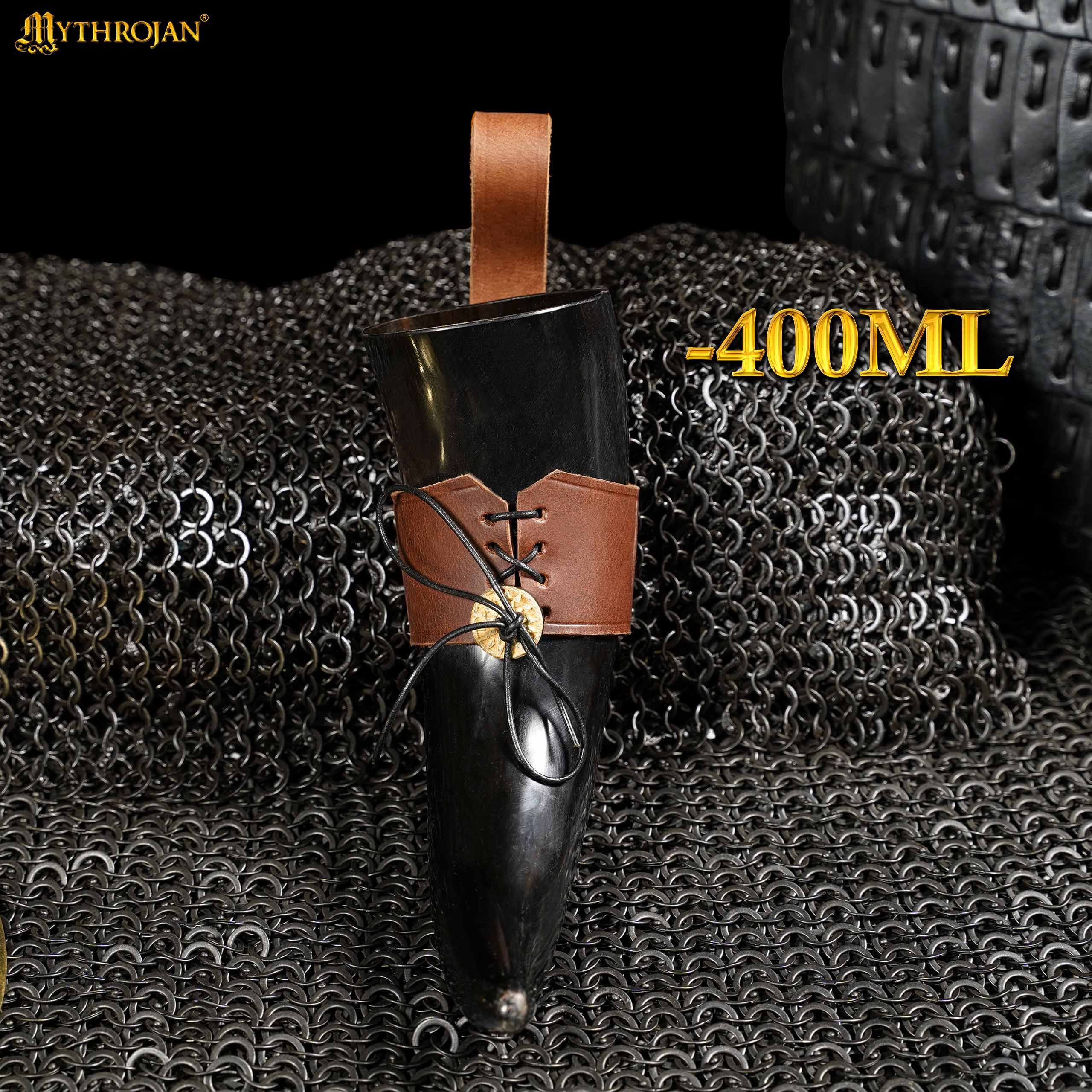 Cuerno vikingo para beber con soporte de cuero y medallón de latón - imagen 5