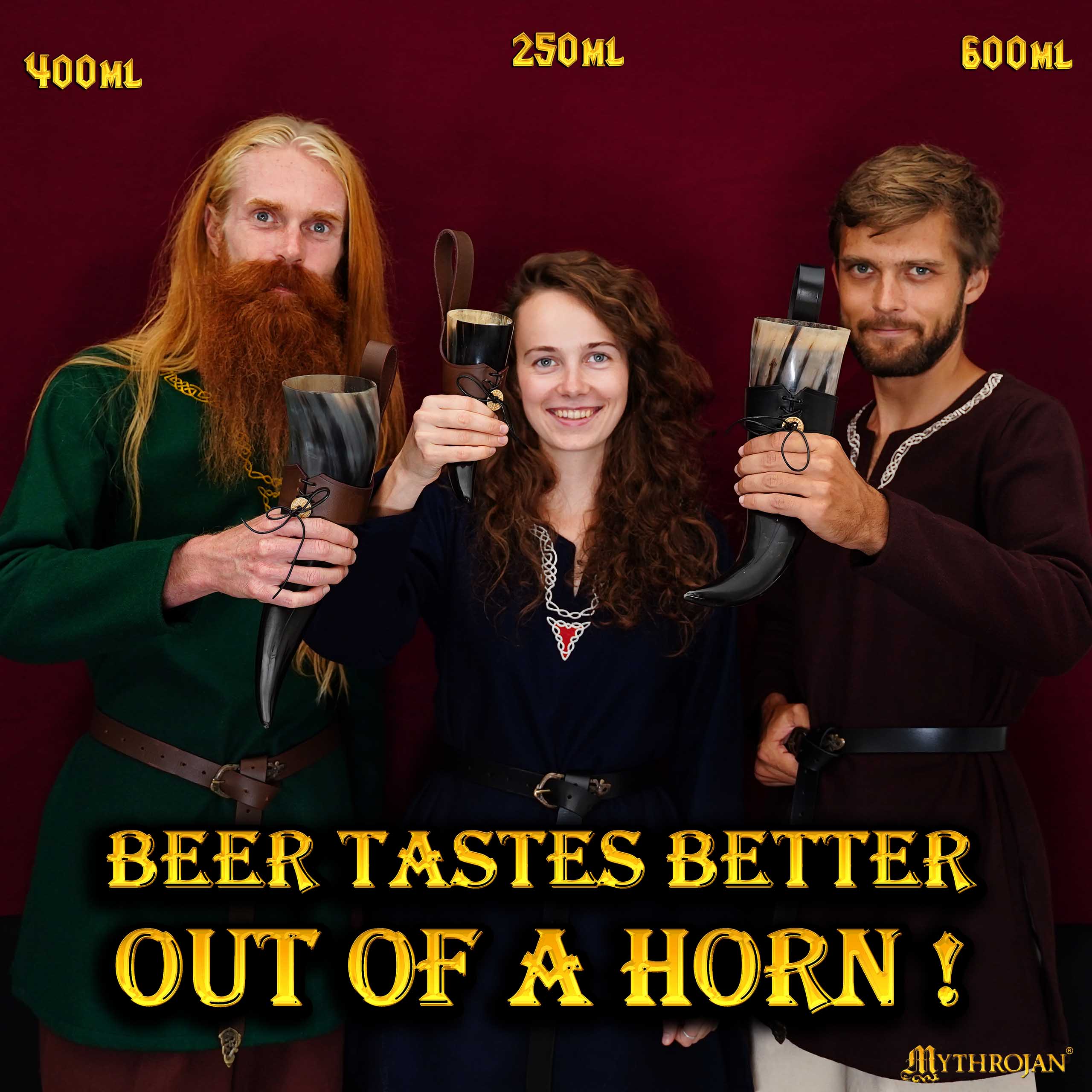 Cuerno vikingo para beber con soporte de cuero y medallón de latón - imagen 12