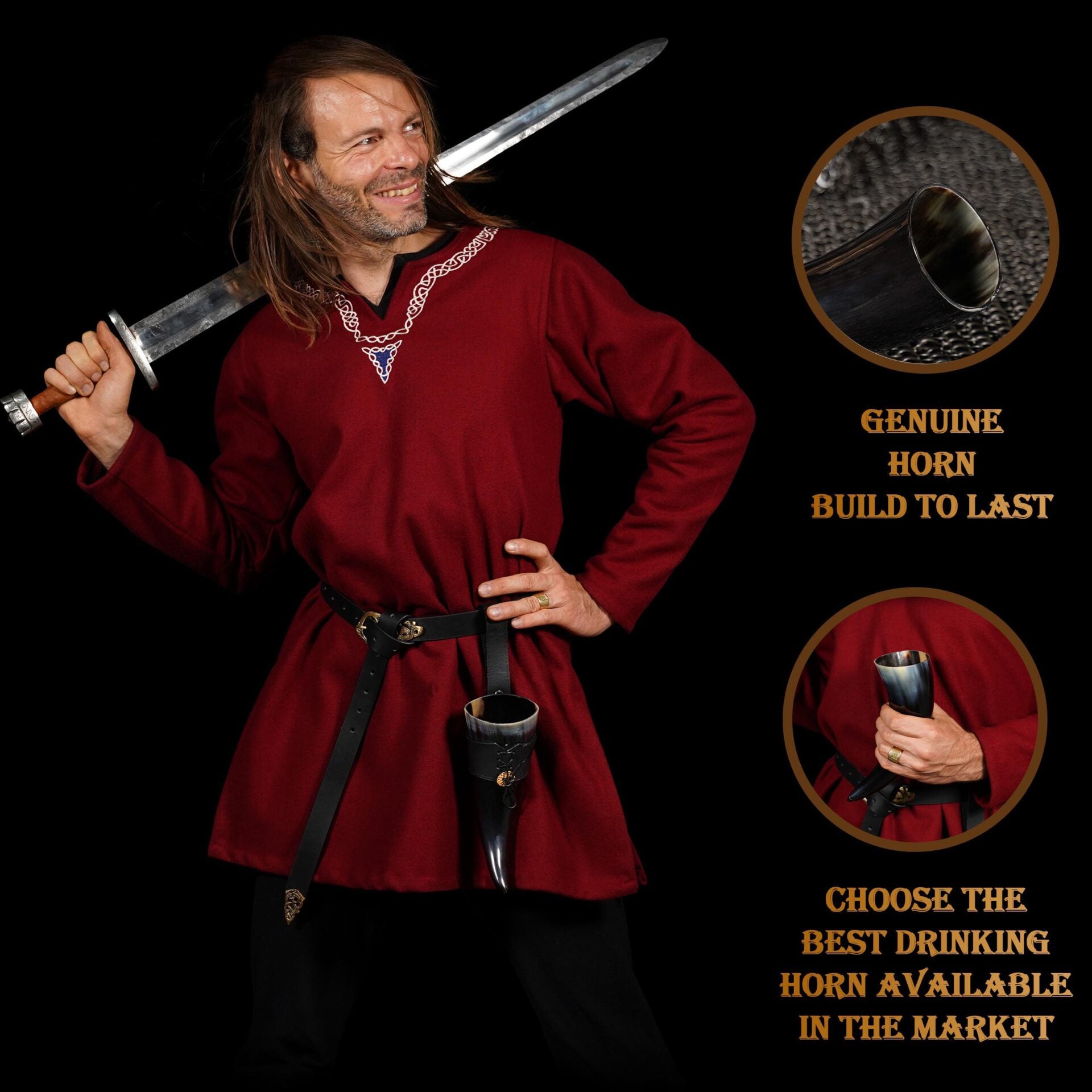 Cuerno vikingo para beber con soporte de cuero y medallón de latón - imagen 13