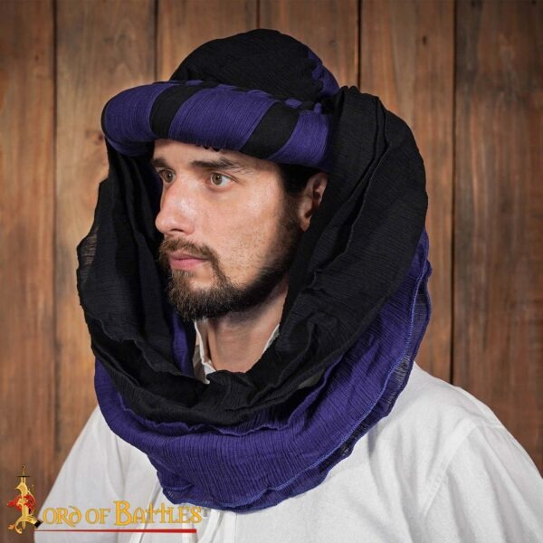 Imagen única de: Turbante Medieval Sarraceno - Negro y Violeta Desierto Head Wrap para Larp, Fantasía y Temas Históricos