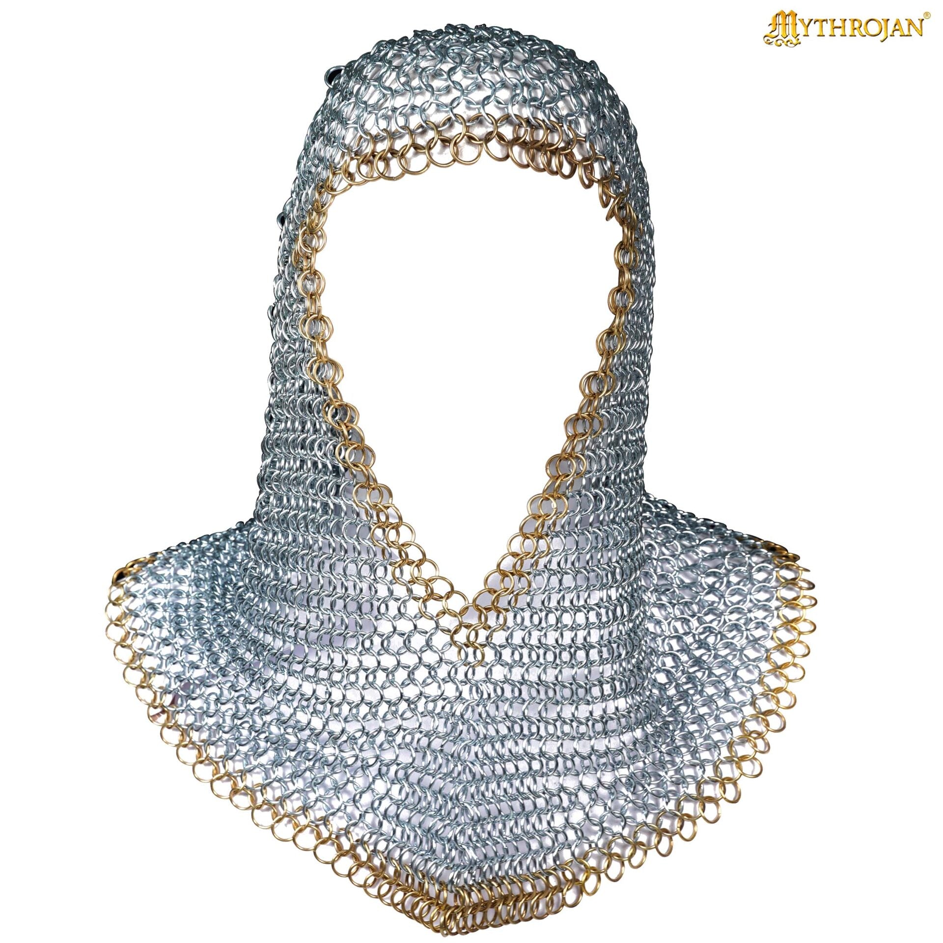 Imagen única de: Cofia Medieval de Cota de Malla - Acero Dulce con Remates de Latón Macizo | Capucha Cincada para Sca, Larp