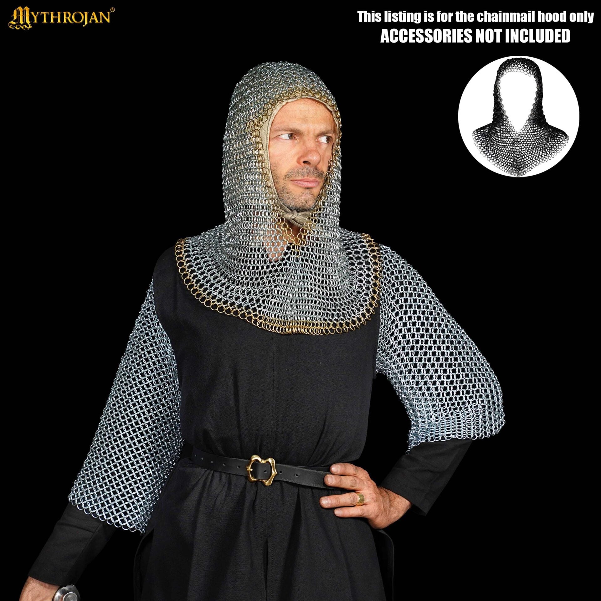 Imagen única de: Cofia Medieval de Cota de Malla - Acero Dulce con Remates de Latón Macizo | Capucha Cincada para Sca, Larp