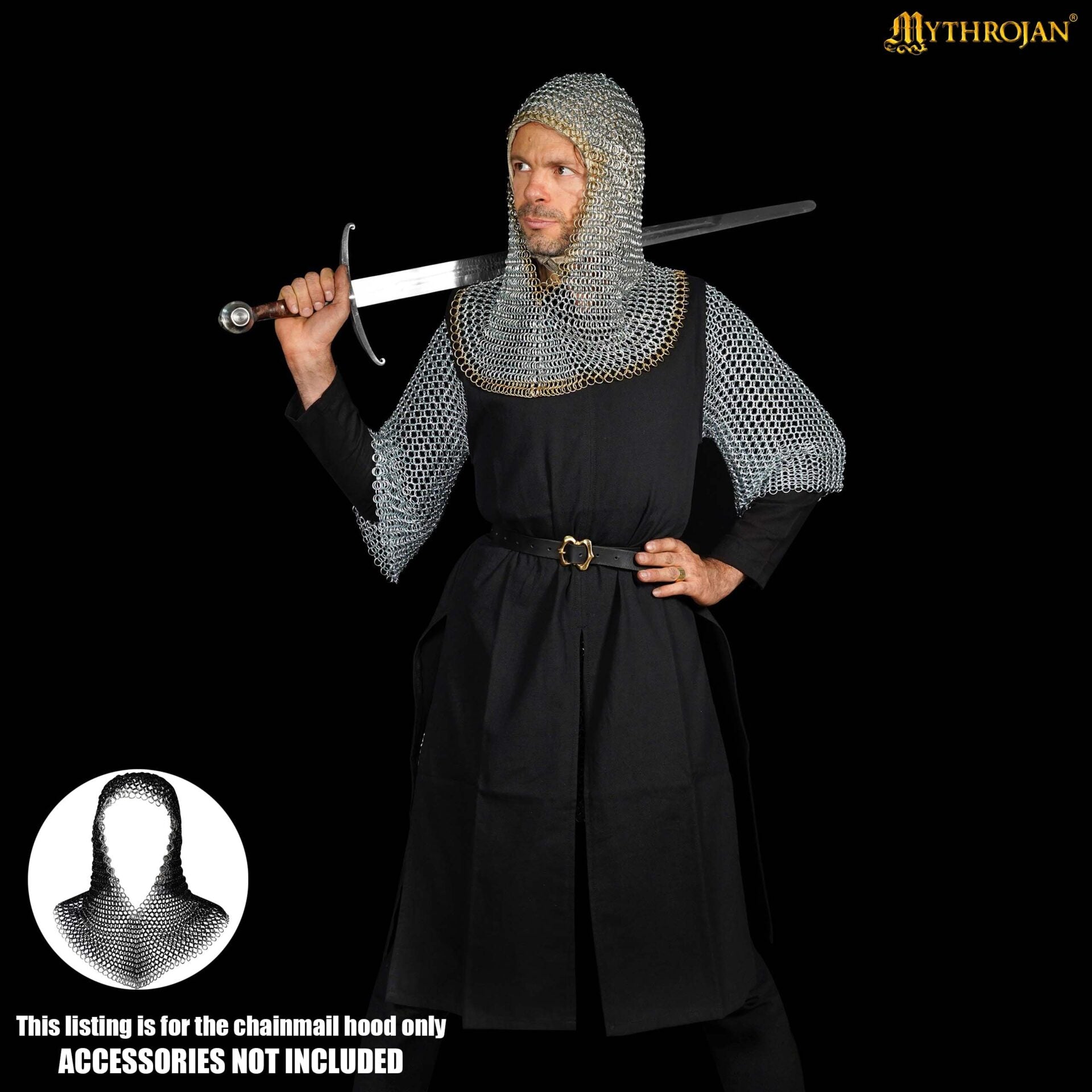 Imagen única de: Cofia Medieval de Cota de Malla - Acero Dulce con Remates de Latón Macizo | Capucha Cincada para Sca, Larp
