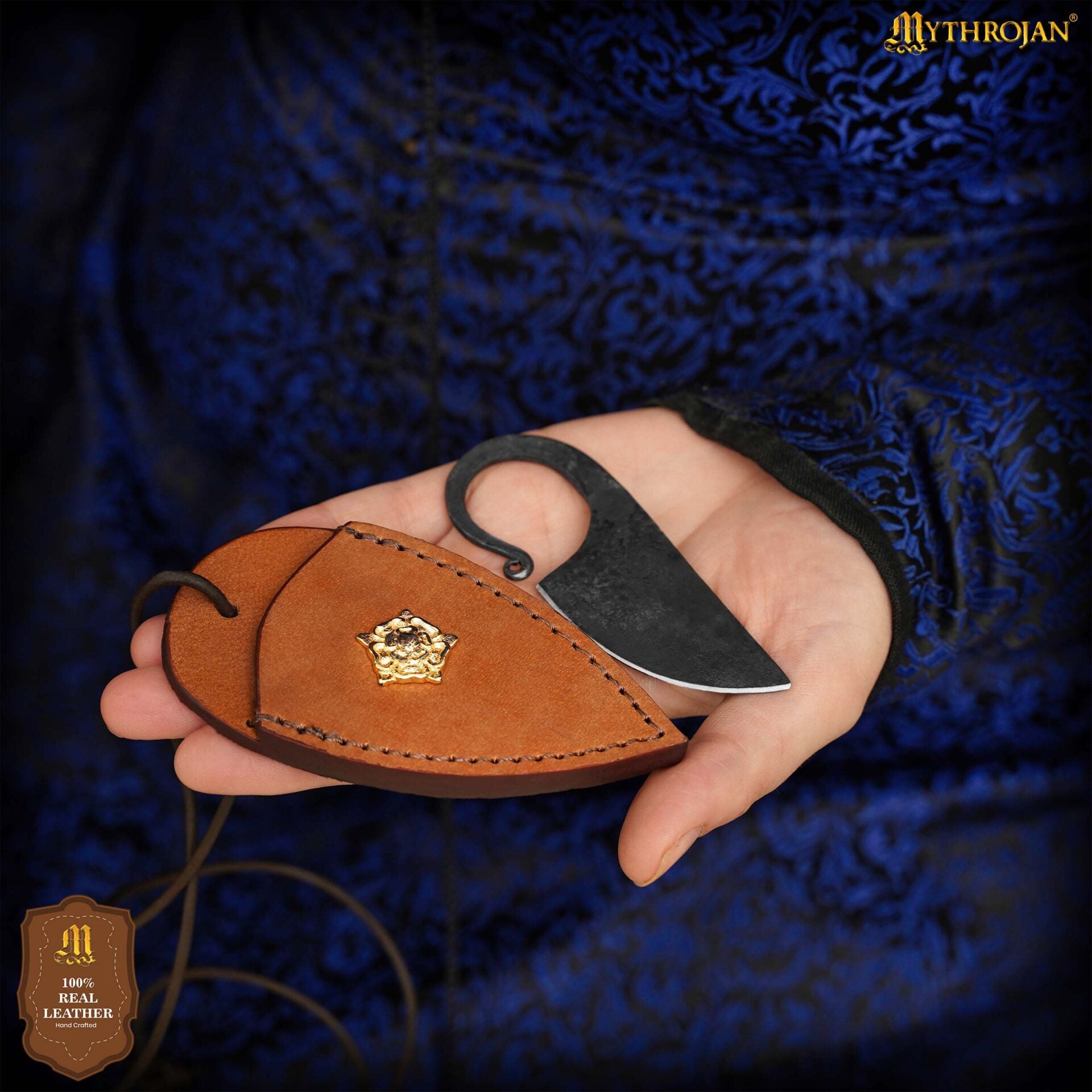 Cuchillo celta de anillo forjado a mano con funda de cuero - Veg Tan With Decoration