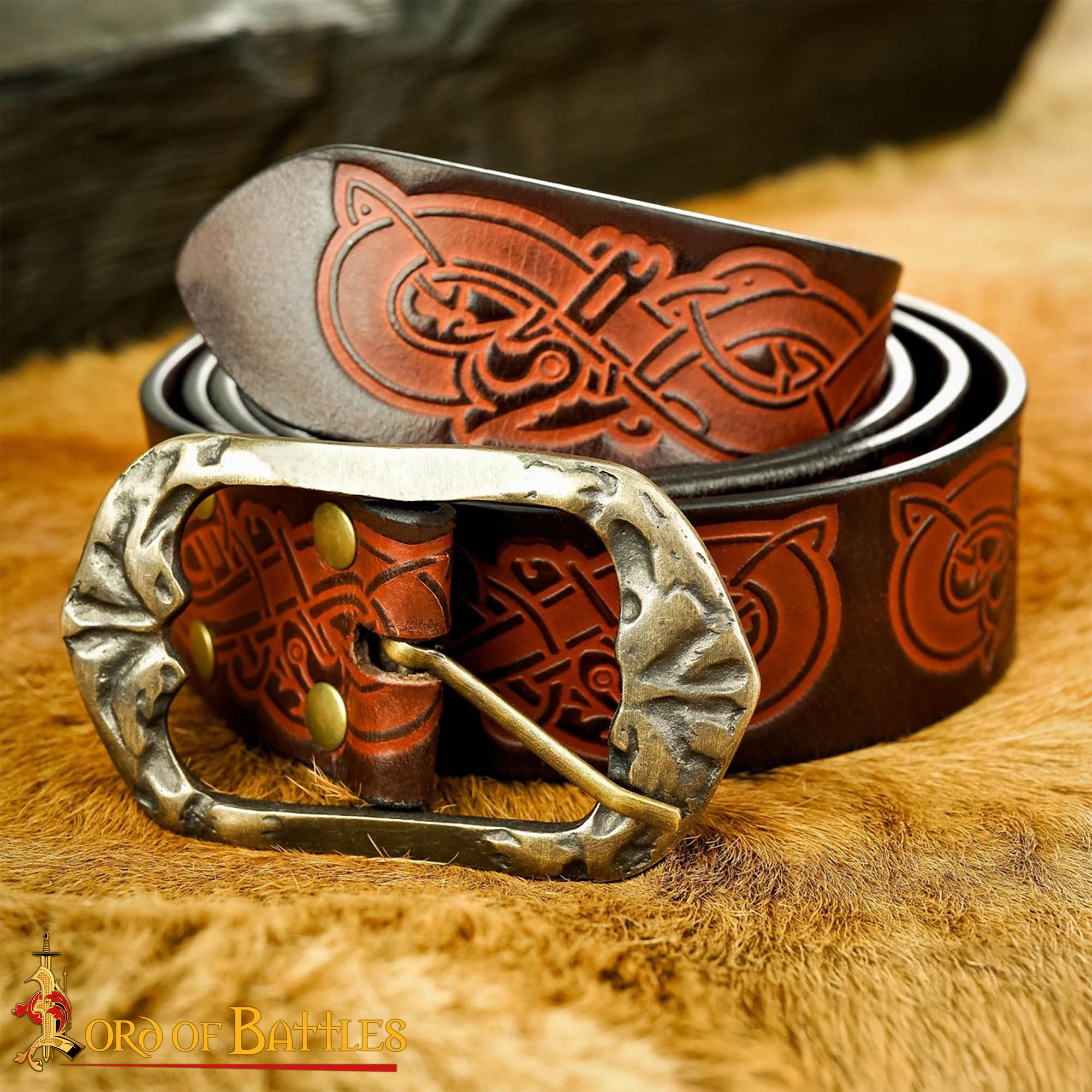 Cinturón vikingo medieval de cuero hecho a mano con hebilla de latón