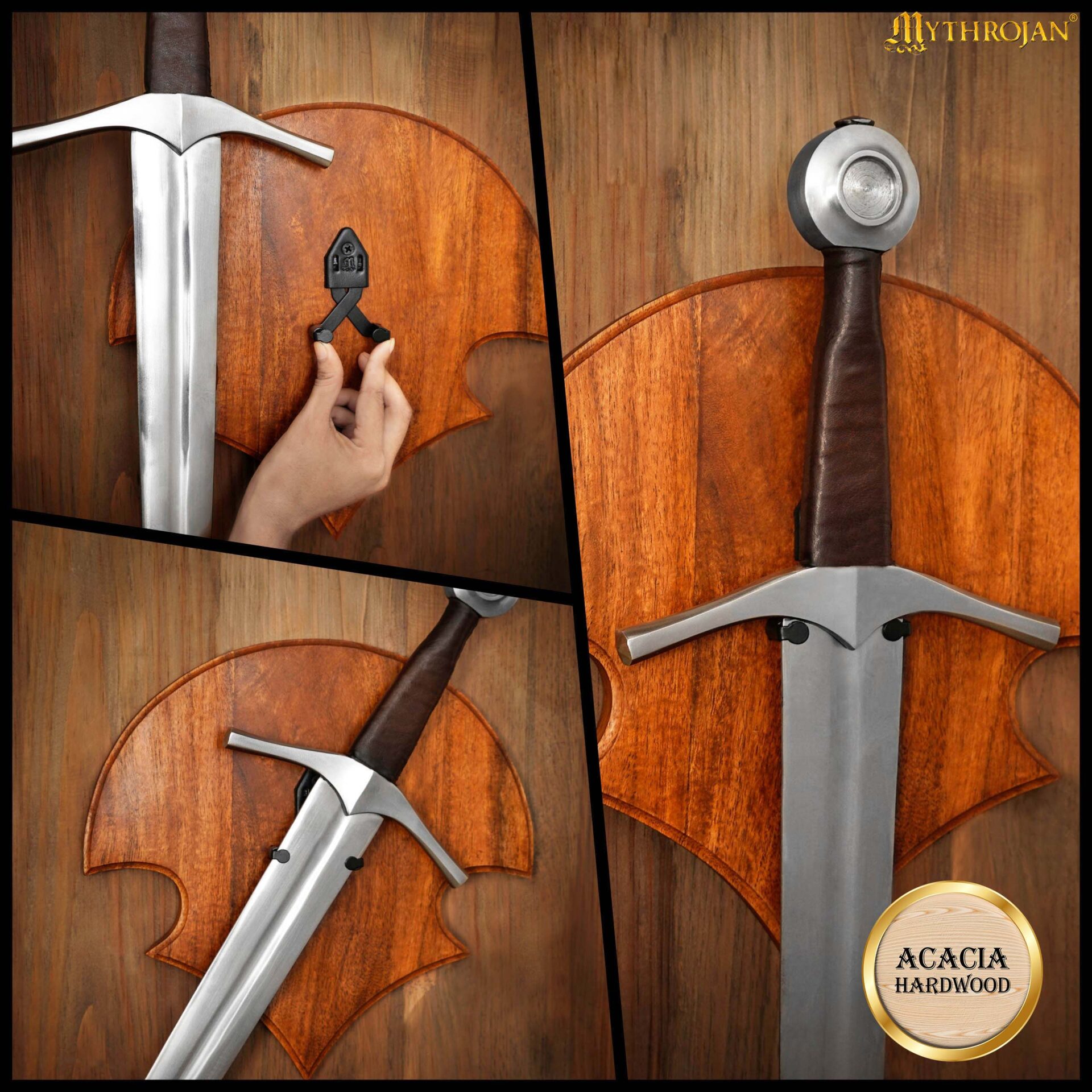 Placa de pared para espada en madera de acacia con soporte de acero - imagen 6