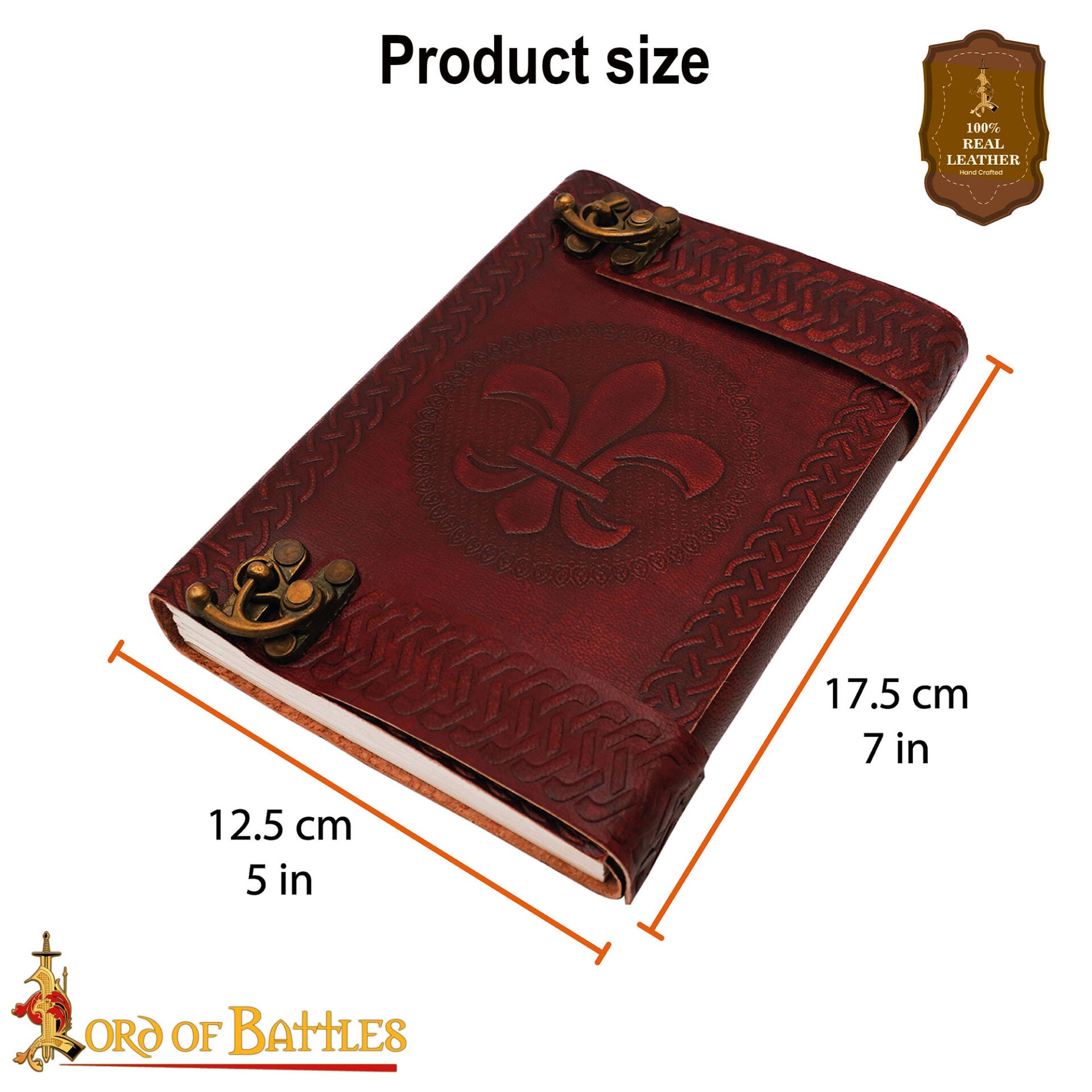 Imagen única de: Cuaderno de cuero hecho a mano con Fleur‑de‑Lys y broches de latón, 7 x 5 pulgadas - Con Defecto