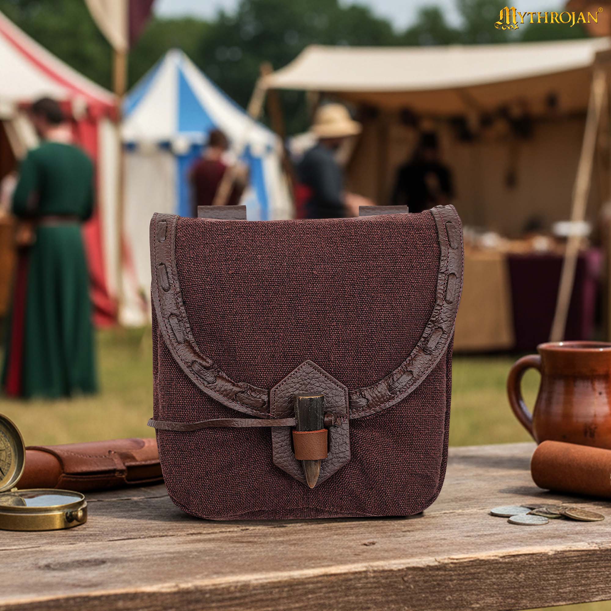 Bolsa de cinturón medieval de lona con cierre de cuerno - Marrón