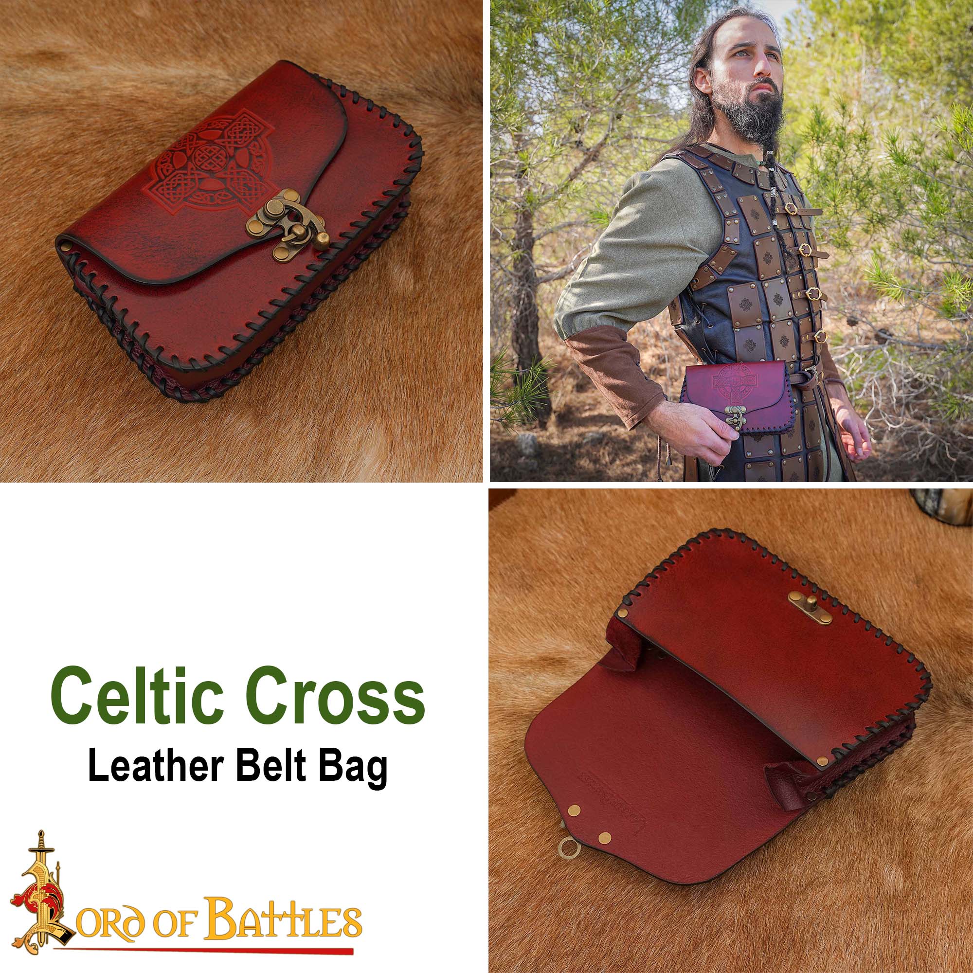 Bolsa de cinturón medieval de cuero genuino con cruz celta grabada — hecha a mano - imagen 19