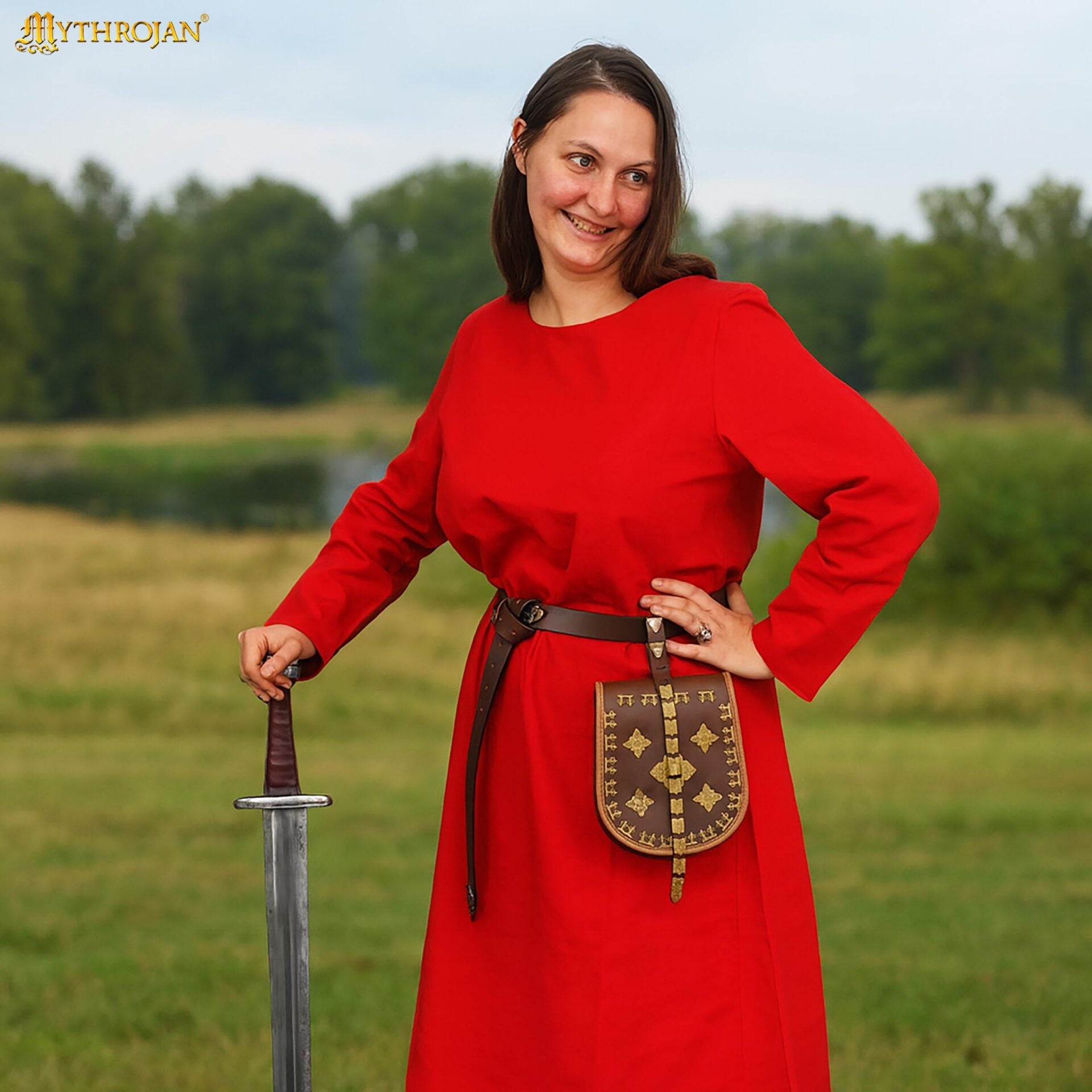 Vestido medieval 100% algodón, largo para LARP y recreación - Rojo - XL