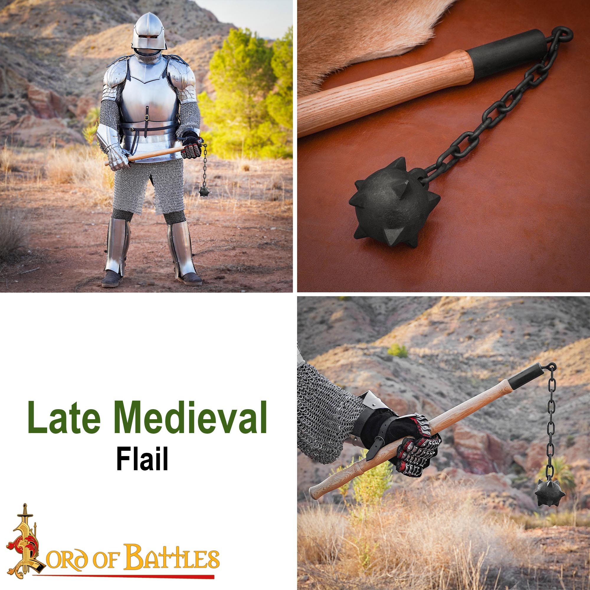 Imagen única de: Maza de cadena medieval tardía con bola con púas y mango de madera
