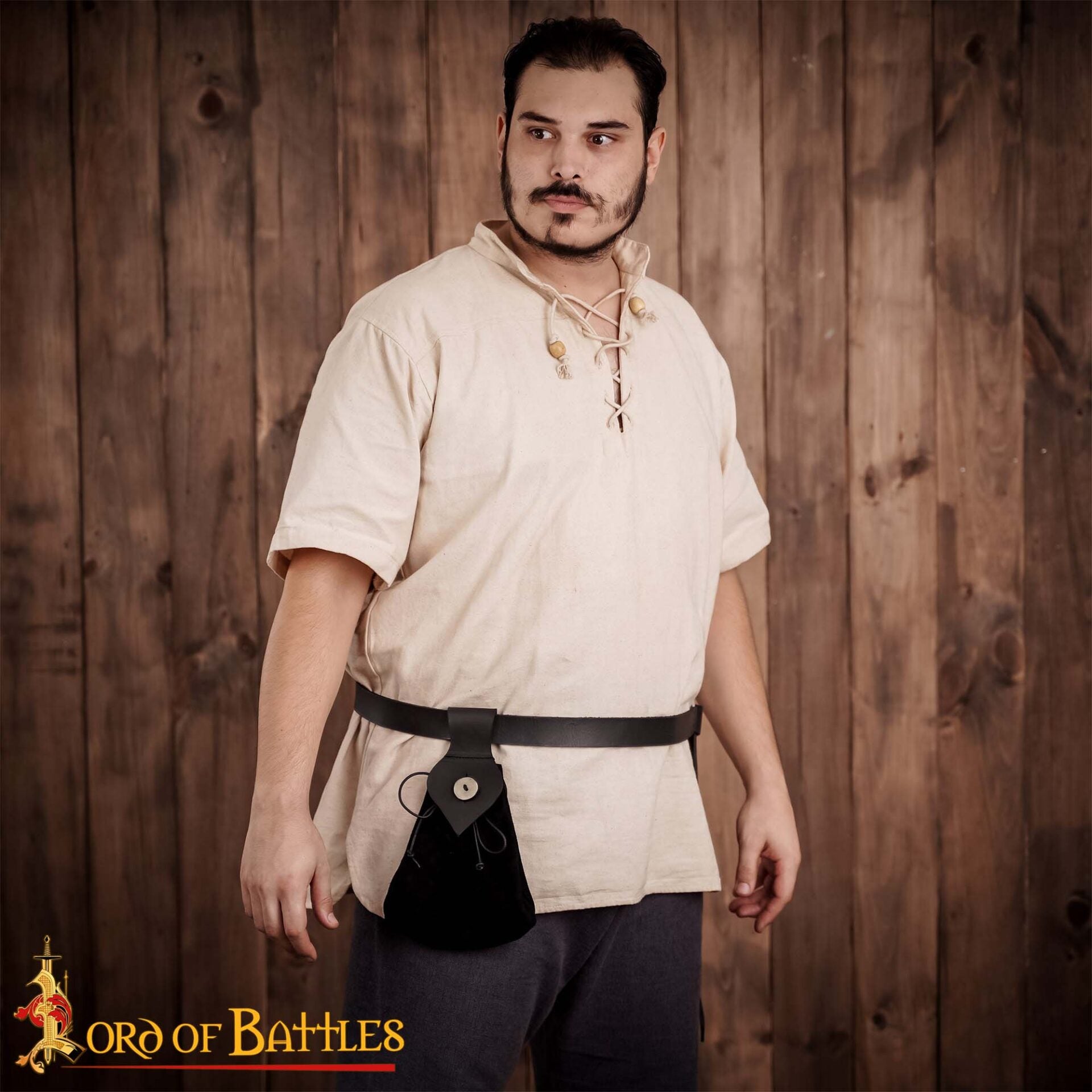 Bolsa de cinturón medieval en cuero y ante con botón de cuerno - imagen 3