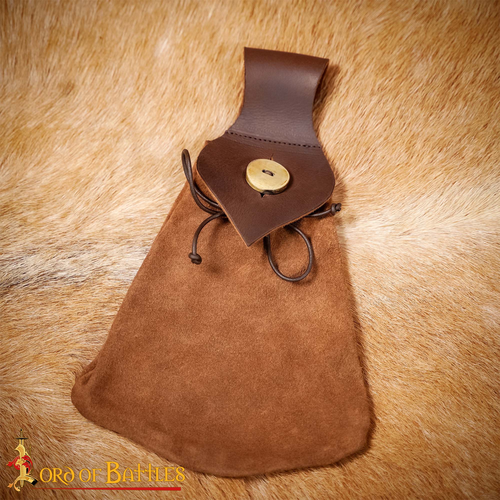 Bolsa de cinturón medieval en cuero y ante con botón de cuerno - Marrón